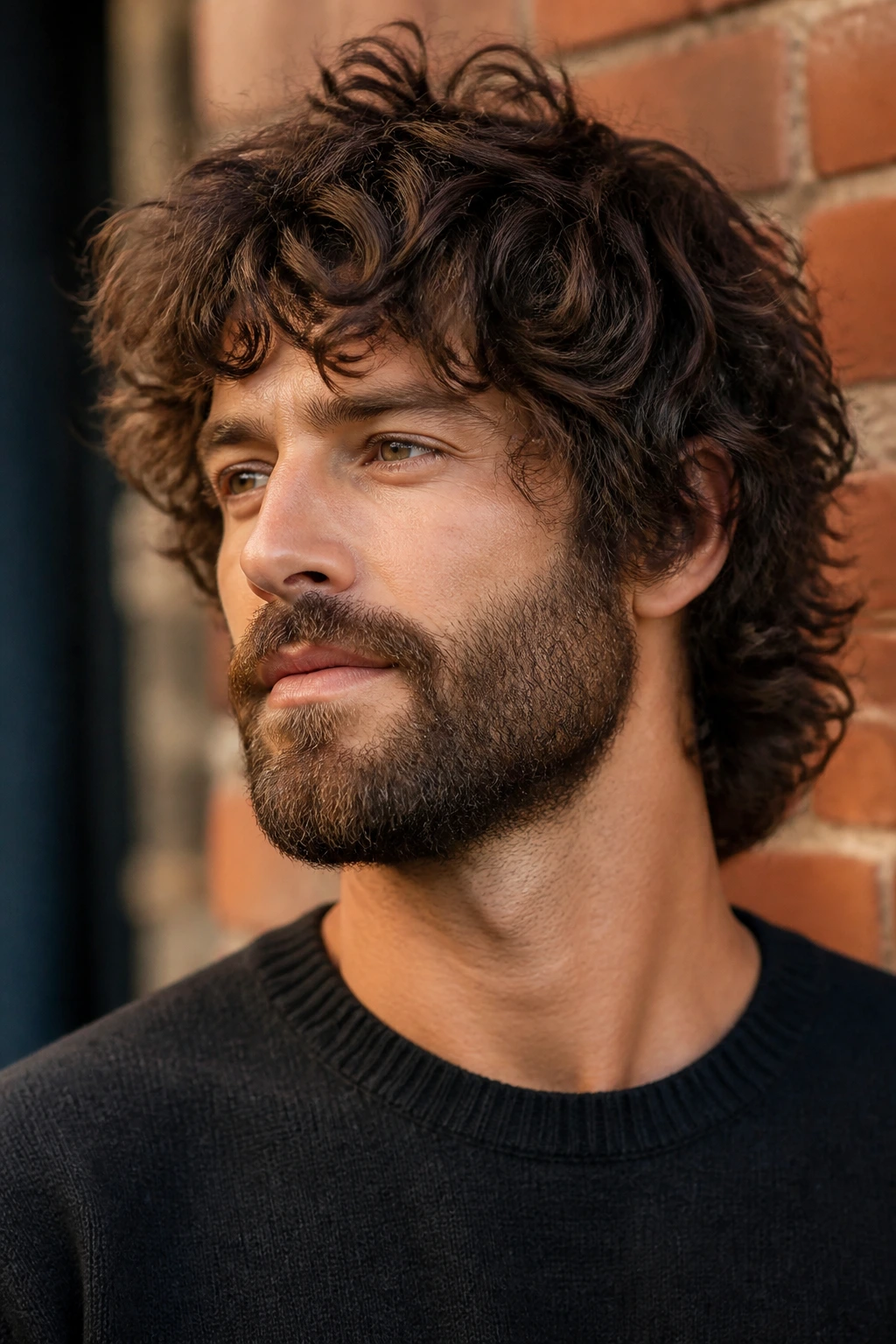 Close-up of a man with a curly shag balanced by a beard in soft dawn light.