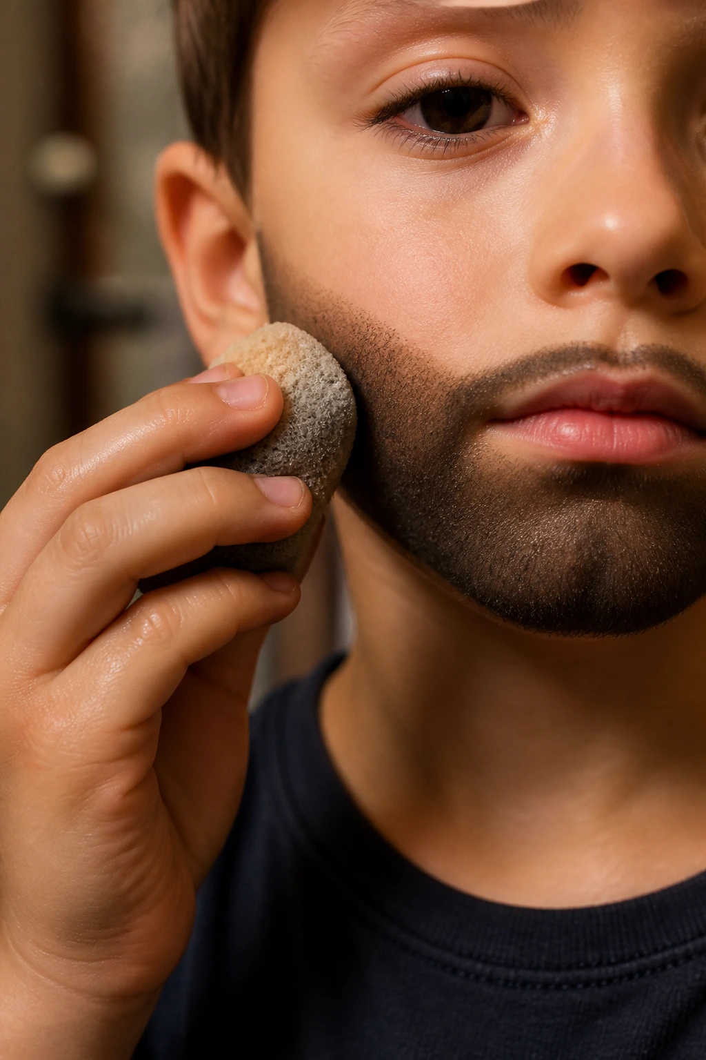 Close-up of a boy's beard edge being softened with a damp sponge in a bathroom.