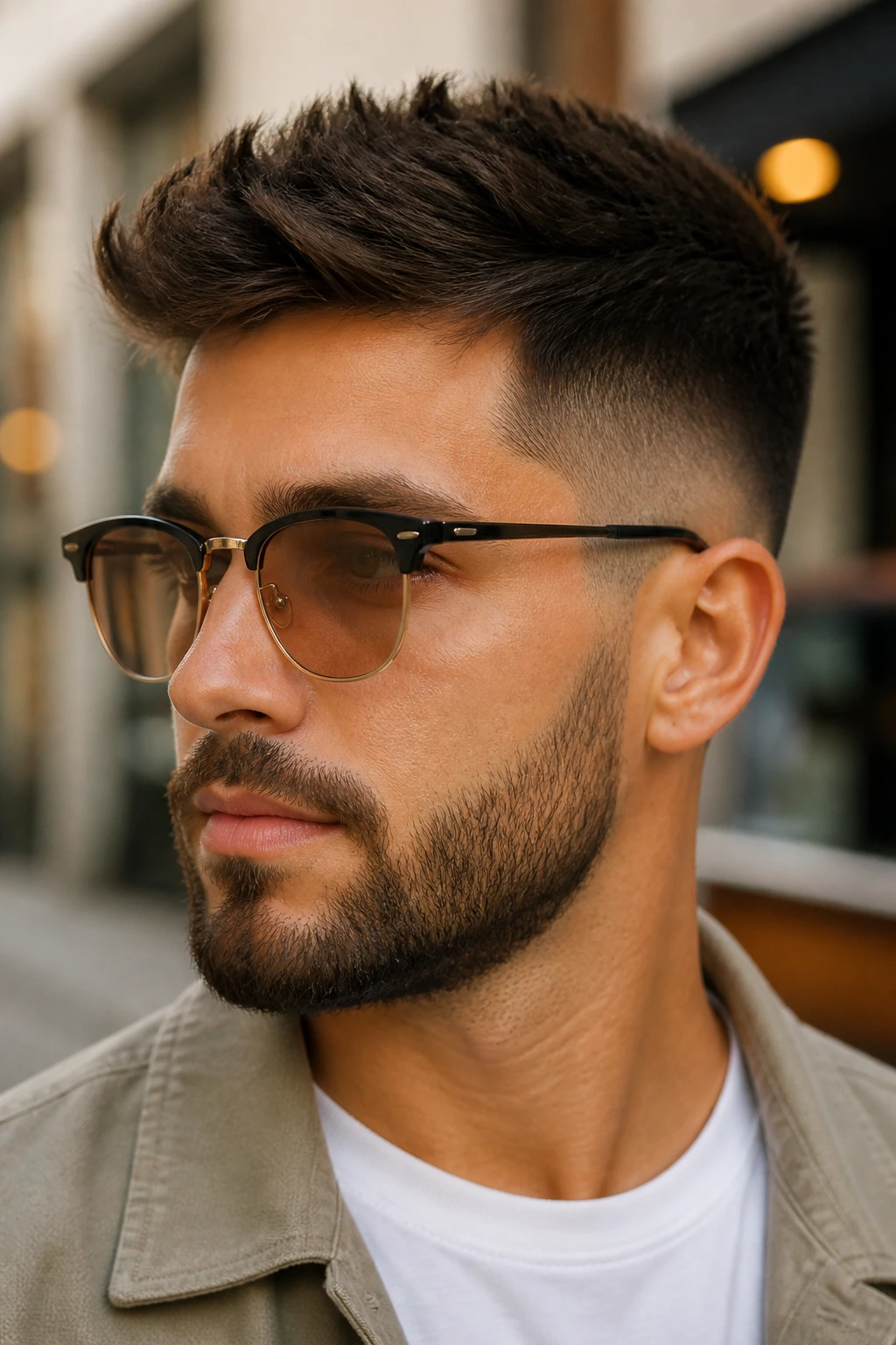 Close-up of a man with a beard and summer haircut outdoors