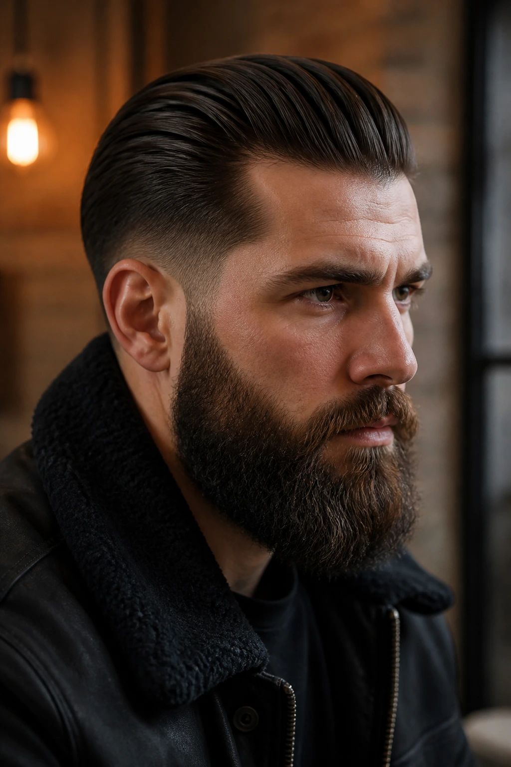Close-up of a bearded man with a beard-heavy slick back hairstyle