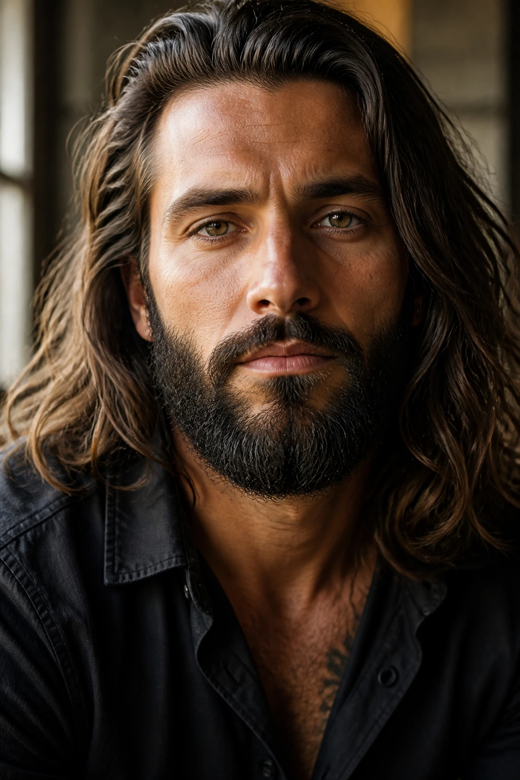 Close-up portrait of a man with long hair and beard balancing facial features