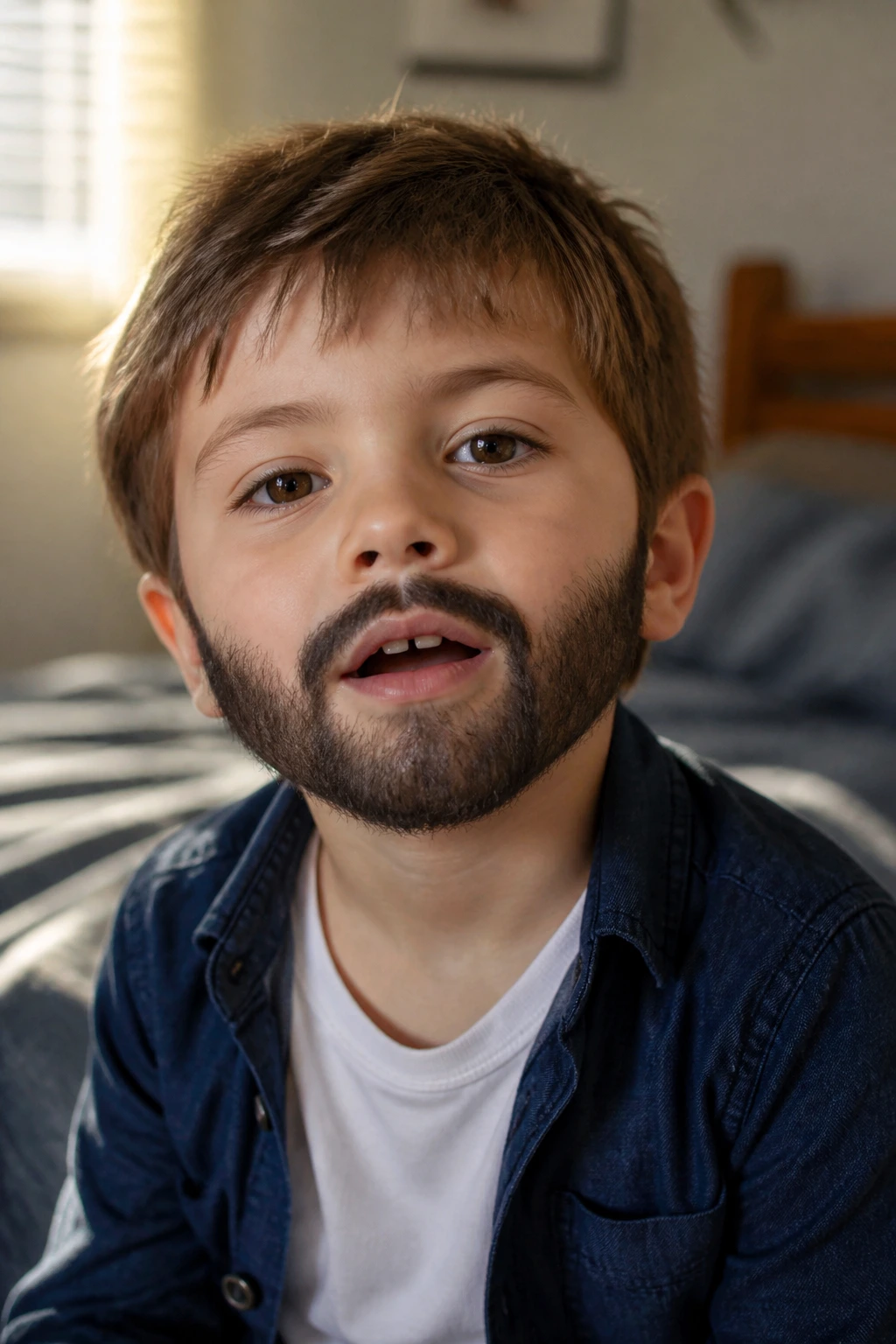 Close-up portrait of a young boy wearing a clearly defined costume beard in warm bedroom light.