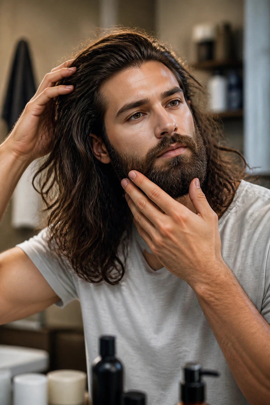 Man with long hair and beard in bathroom setting demonstrates product-aware grooming