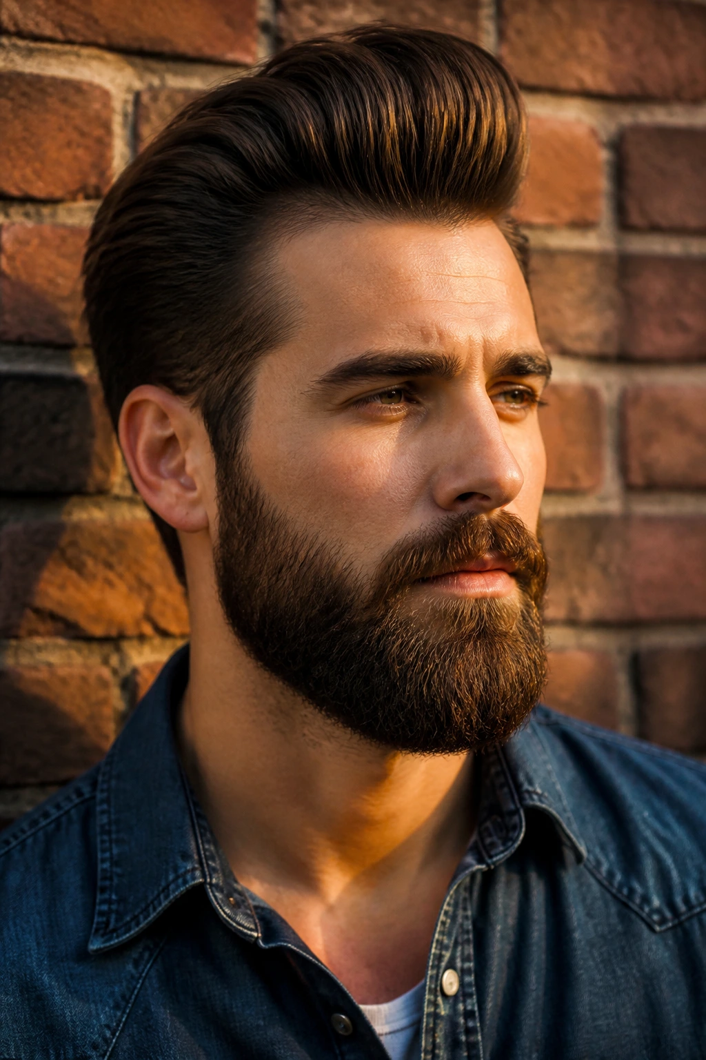 Close-up portrait of a man with a beard and pomp hairstyle
