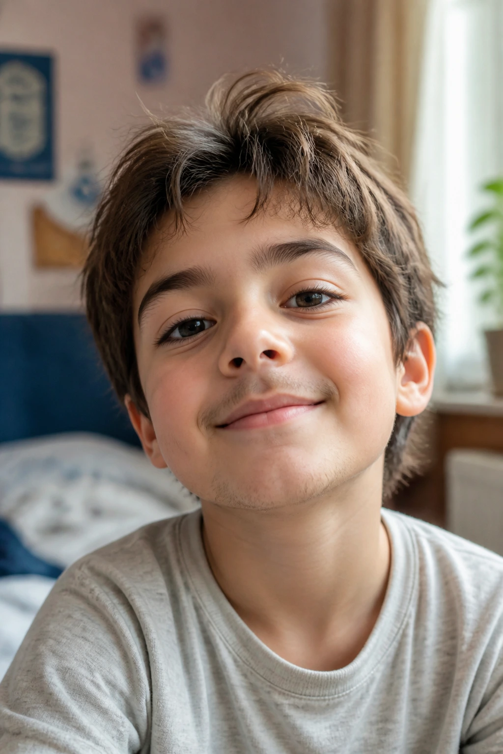 Close-up portrait of a real young boy with subtle beard shadow on cheeks and chin in warm natural light