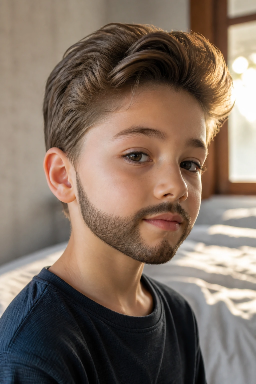 Young boy with a beard shape aligned to his hair in a cozy bedroom