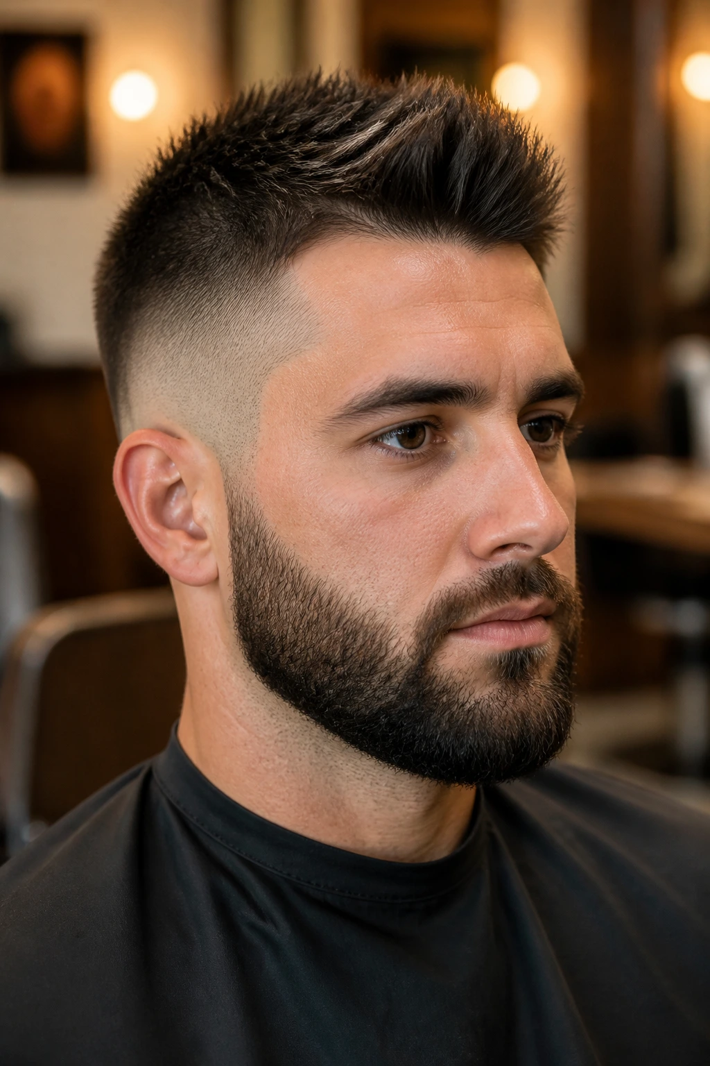 Close-up portrait of a man with beard-blend spikes hairstyle and tidy beard