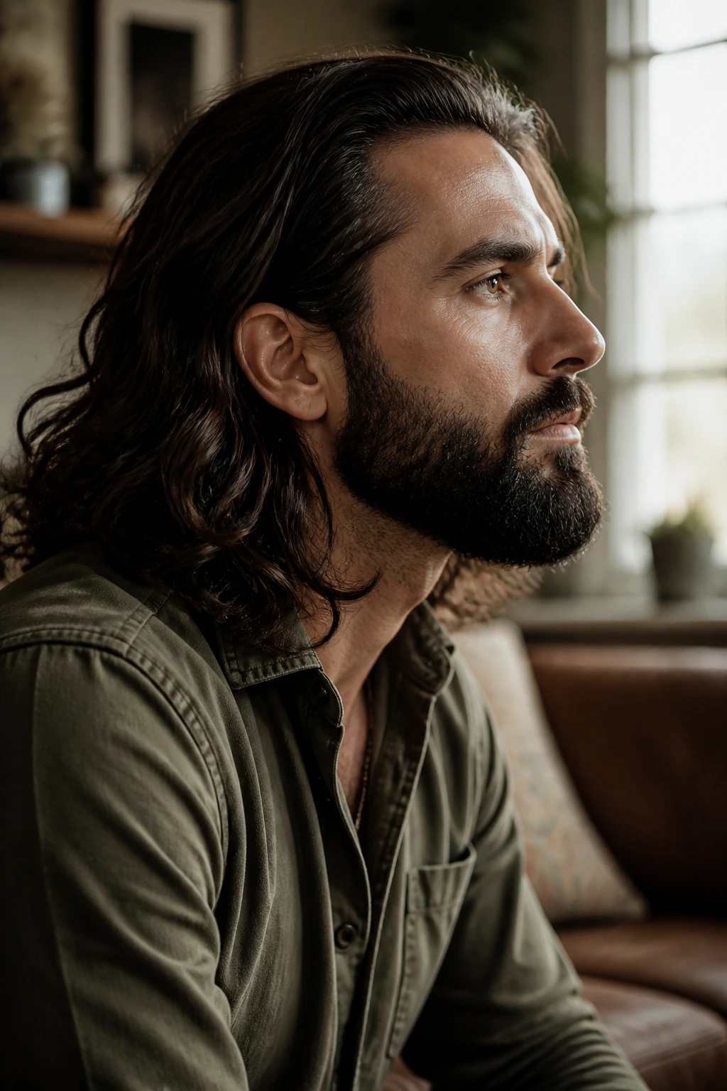 Man with long hair and balanced beard in side profile