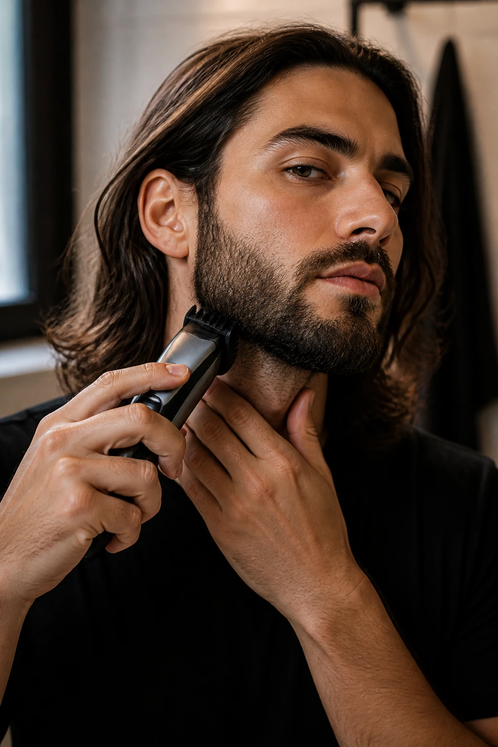 Man with long beard demonstrating grooming tool near beard line