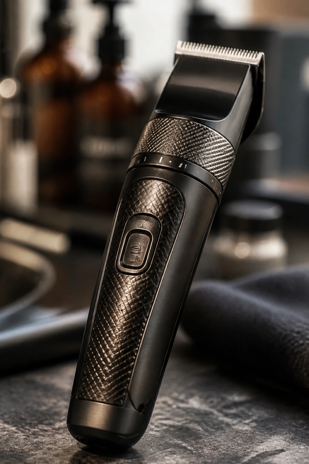 Close-up of adjustable beard trimmer on bathroom counter