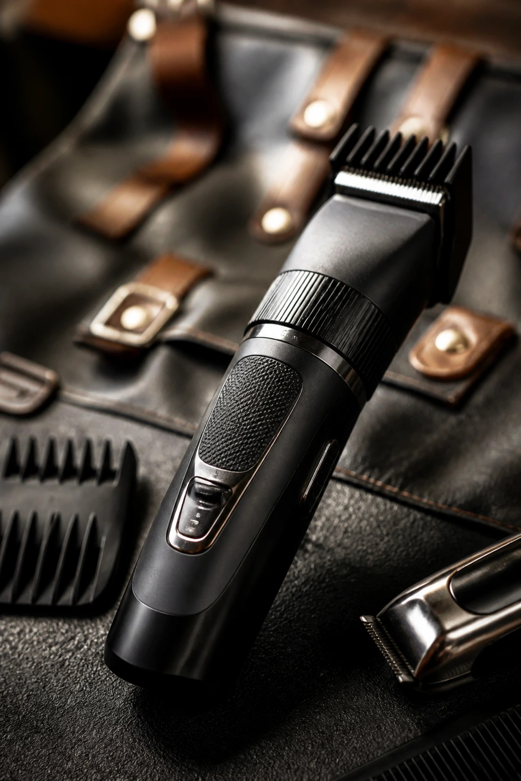 Close-up of beard trimmer with adjustable guard.