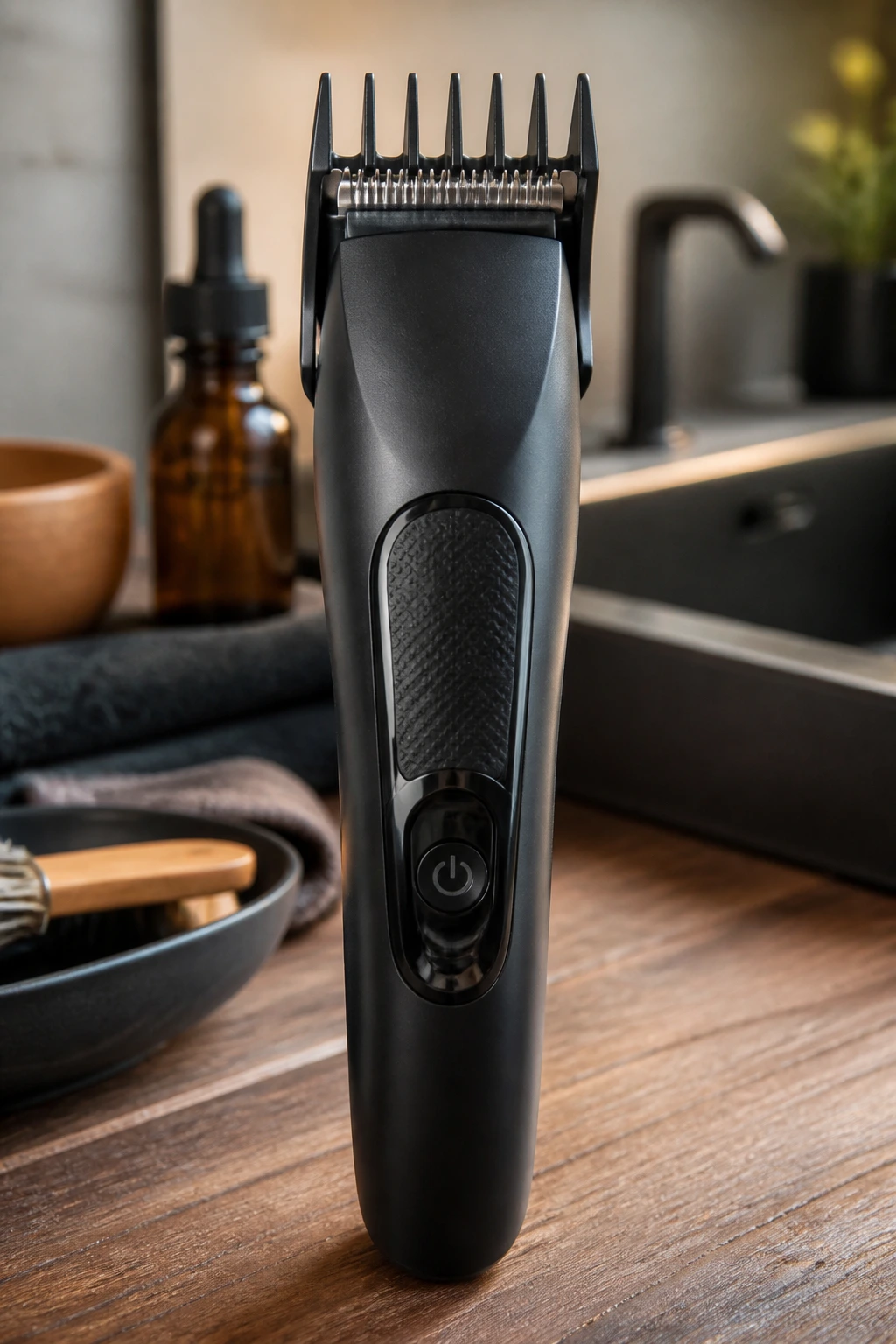 Close-up of a beard trimmer on a wooden counter with soft background