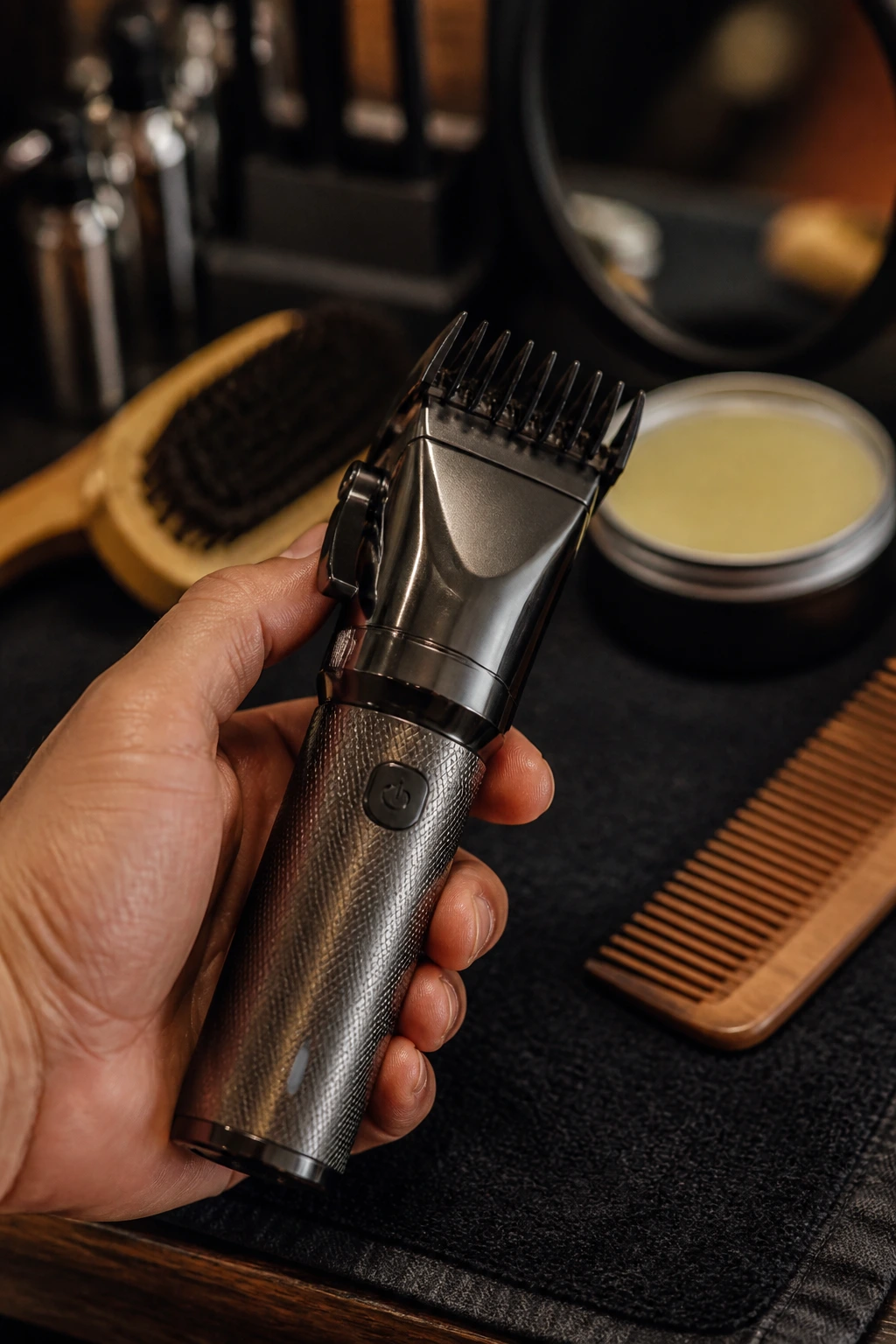 Close-up of adjustable beard trimmer with guards at barber station