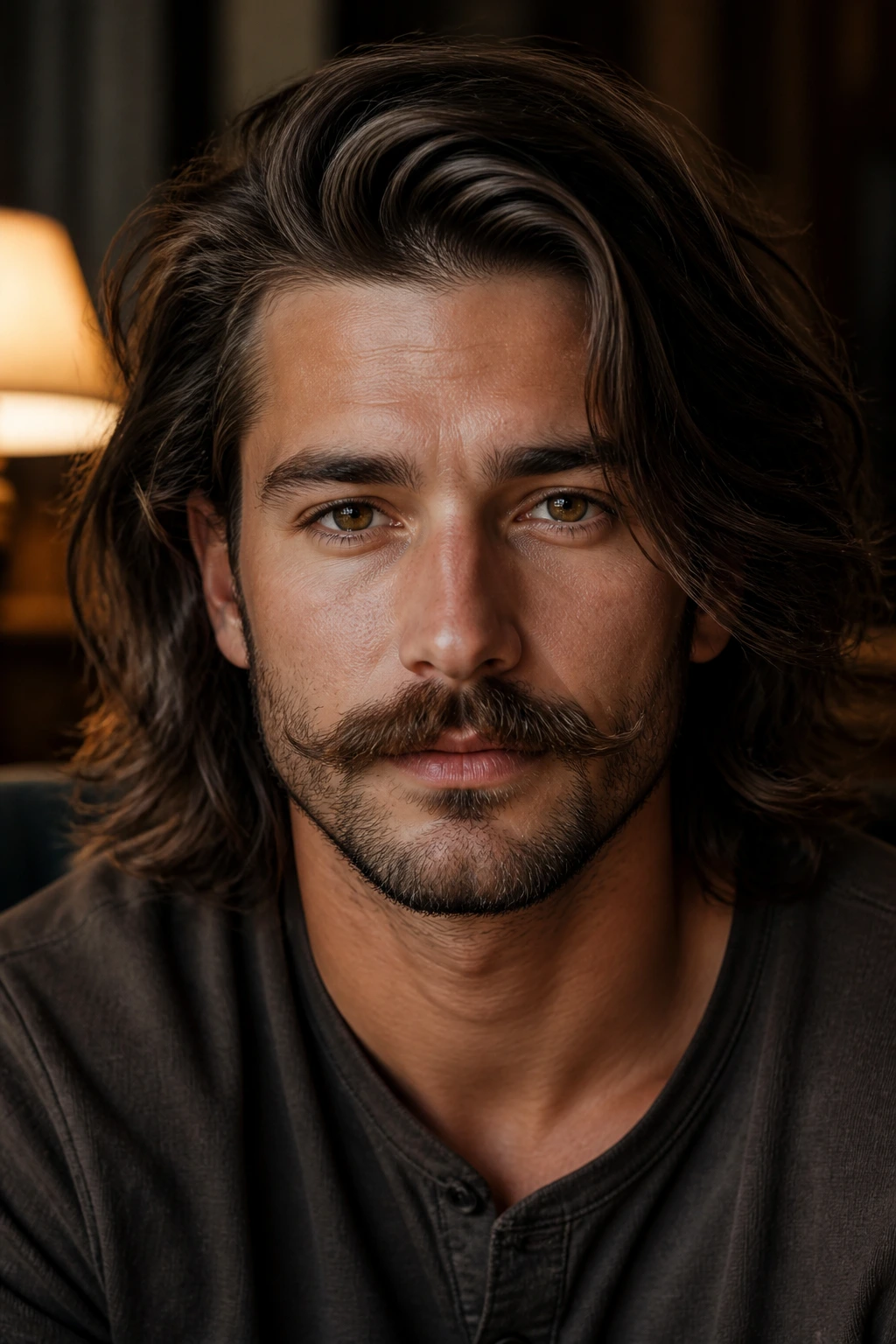 Man with beardstache and long hair, close-up portrait.