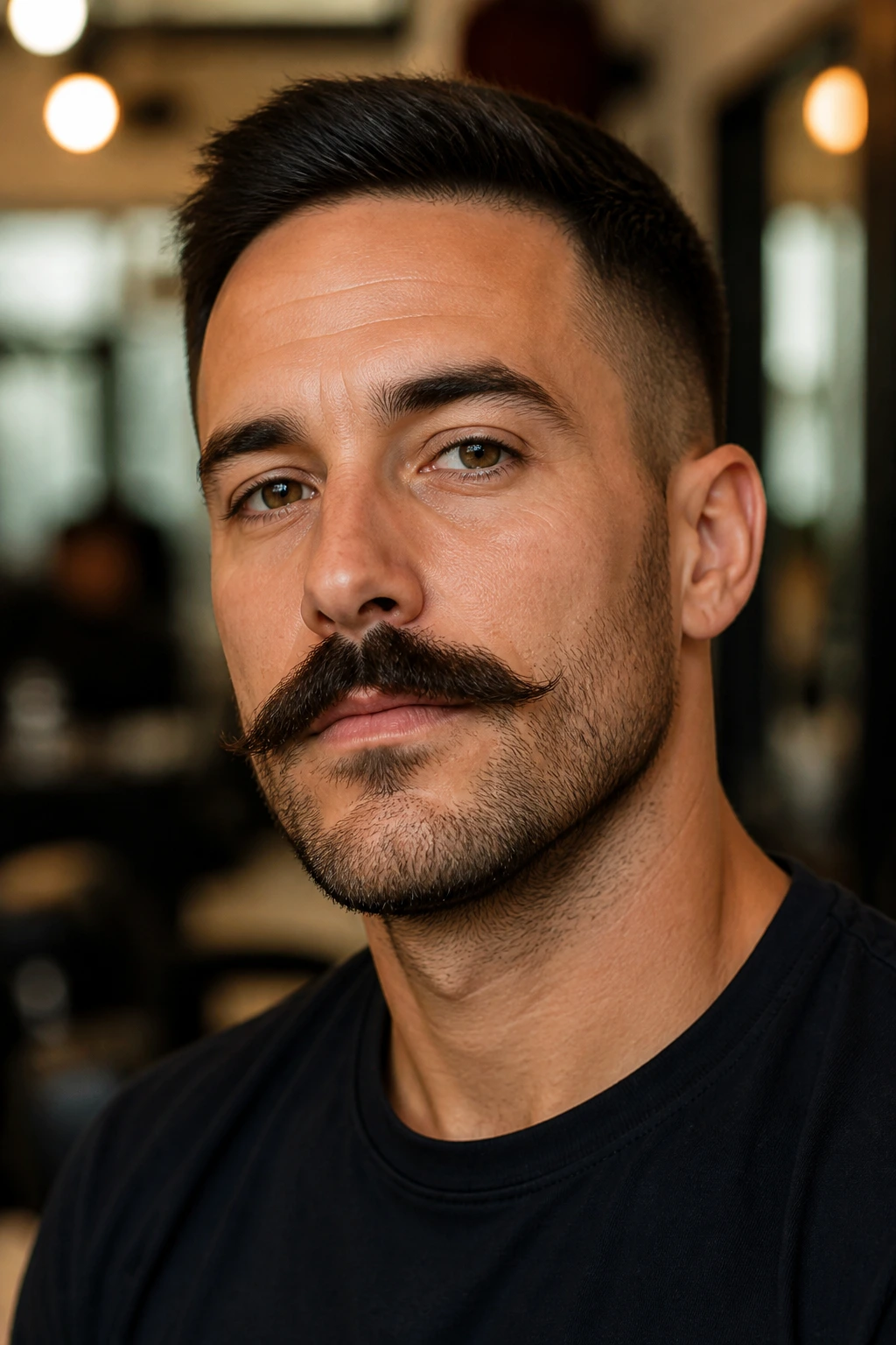 Close-up of a man with a prominent mustache and short beard for a beardstache look.