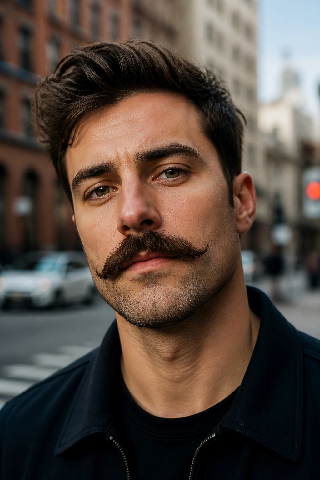 Close-up of a man with a bold beardstache featuring a thick mustache and light stubble