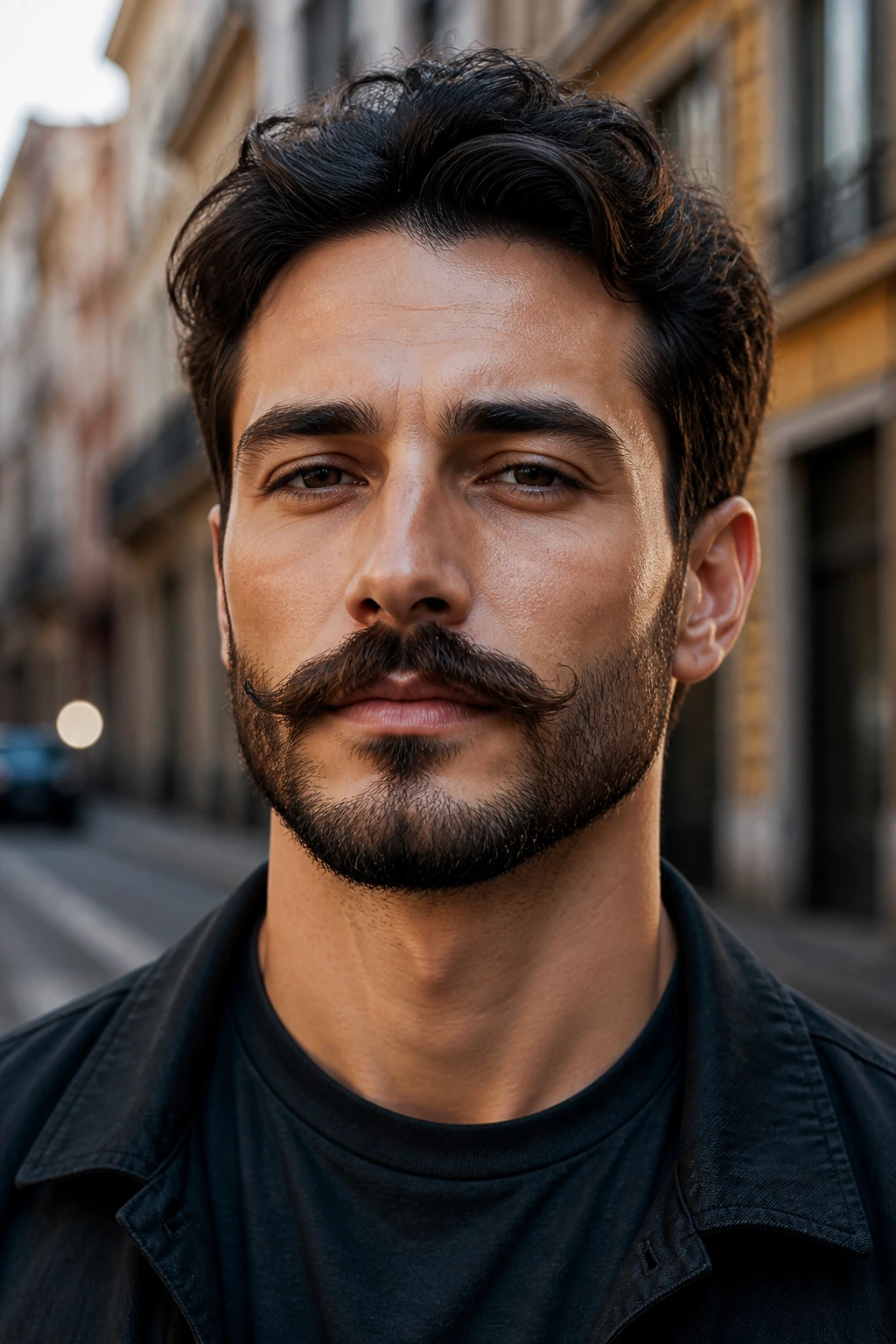 Close-up portrait of a real man with a bold beardstache in urban light