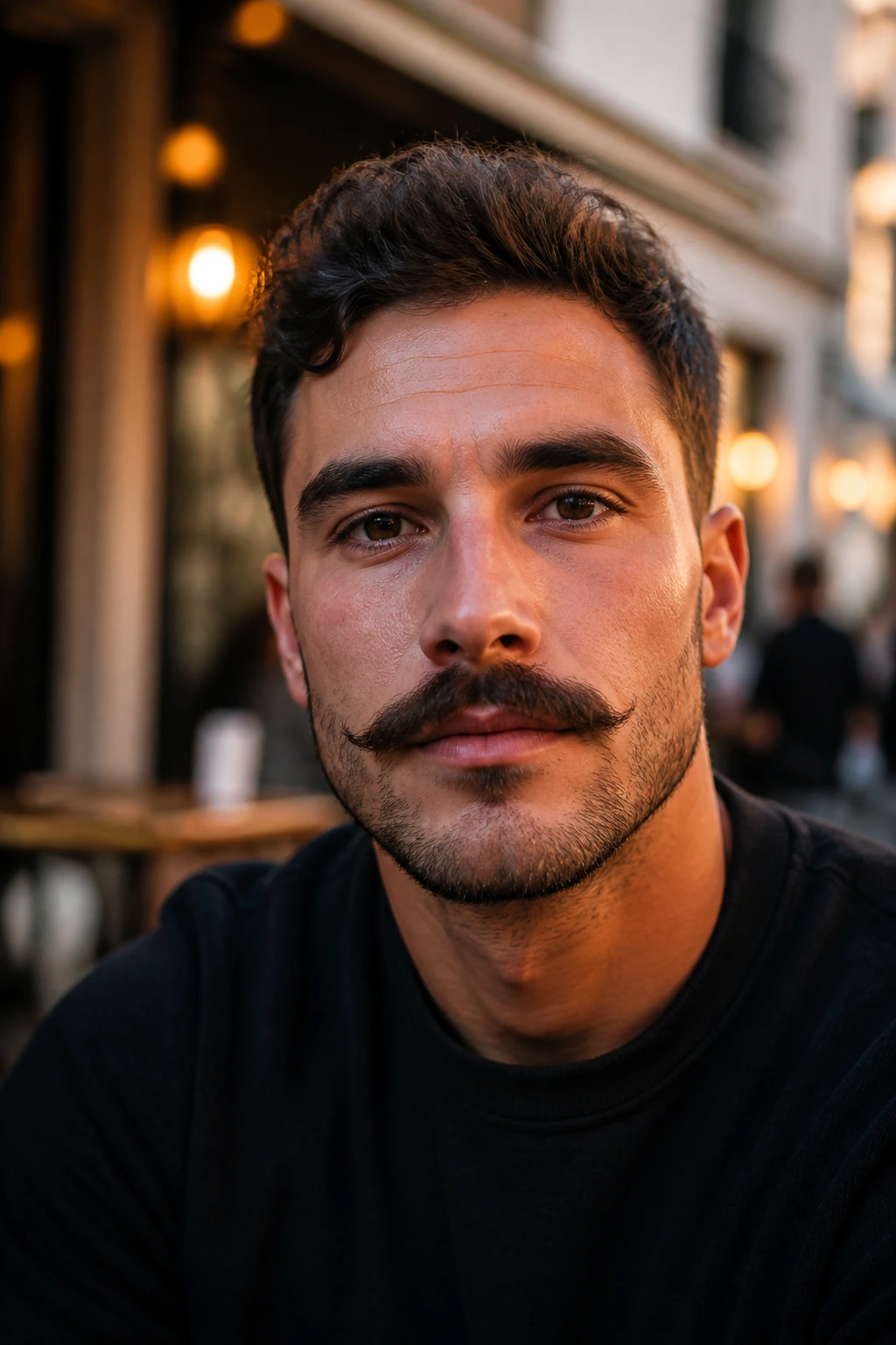 Portrait of a man with a beardstache featuring a prominent mustache and short beard.