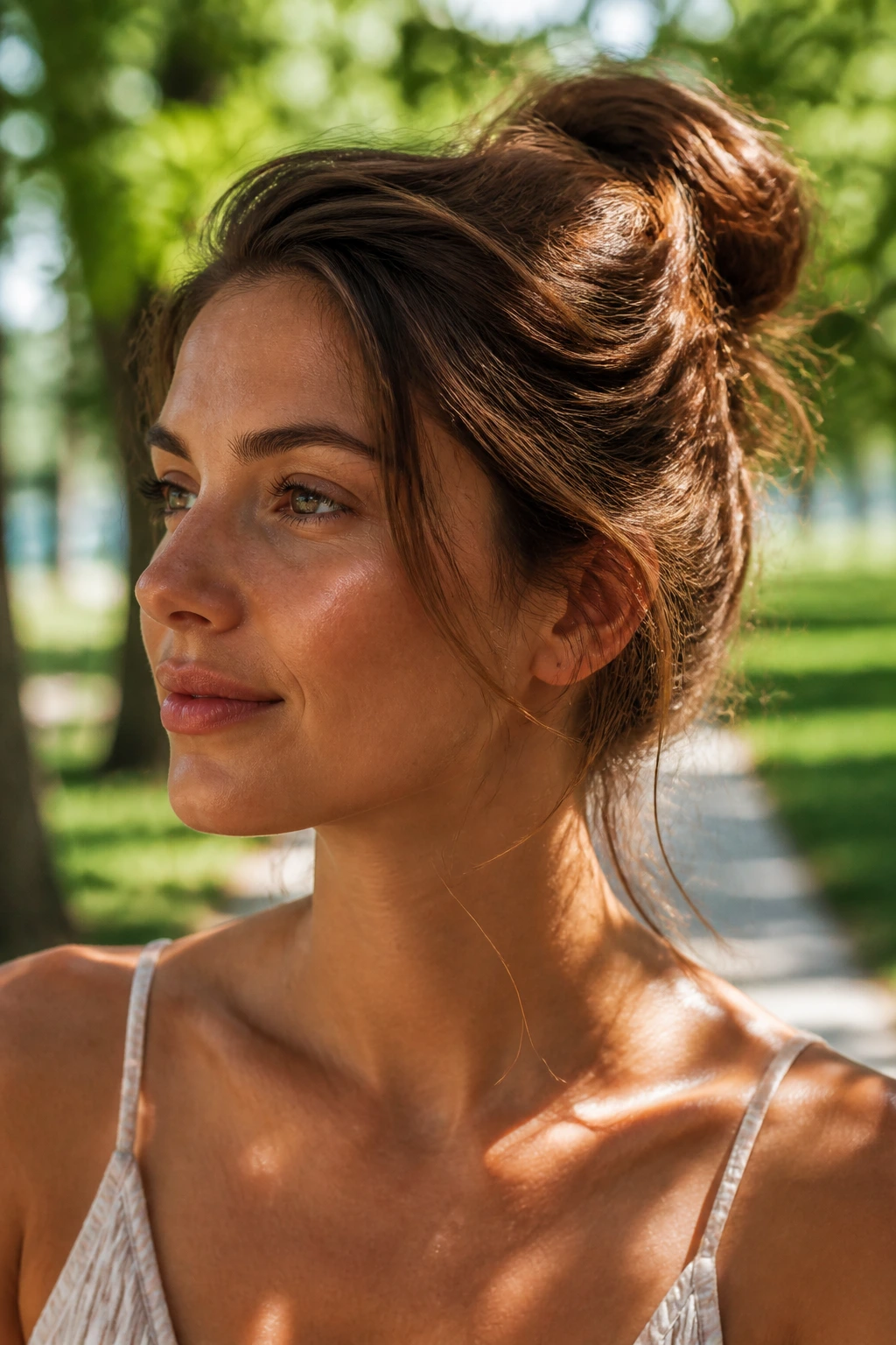 Close-up portrait of a real woman with a loose bun and exposed neck in a sunlit park