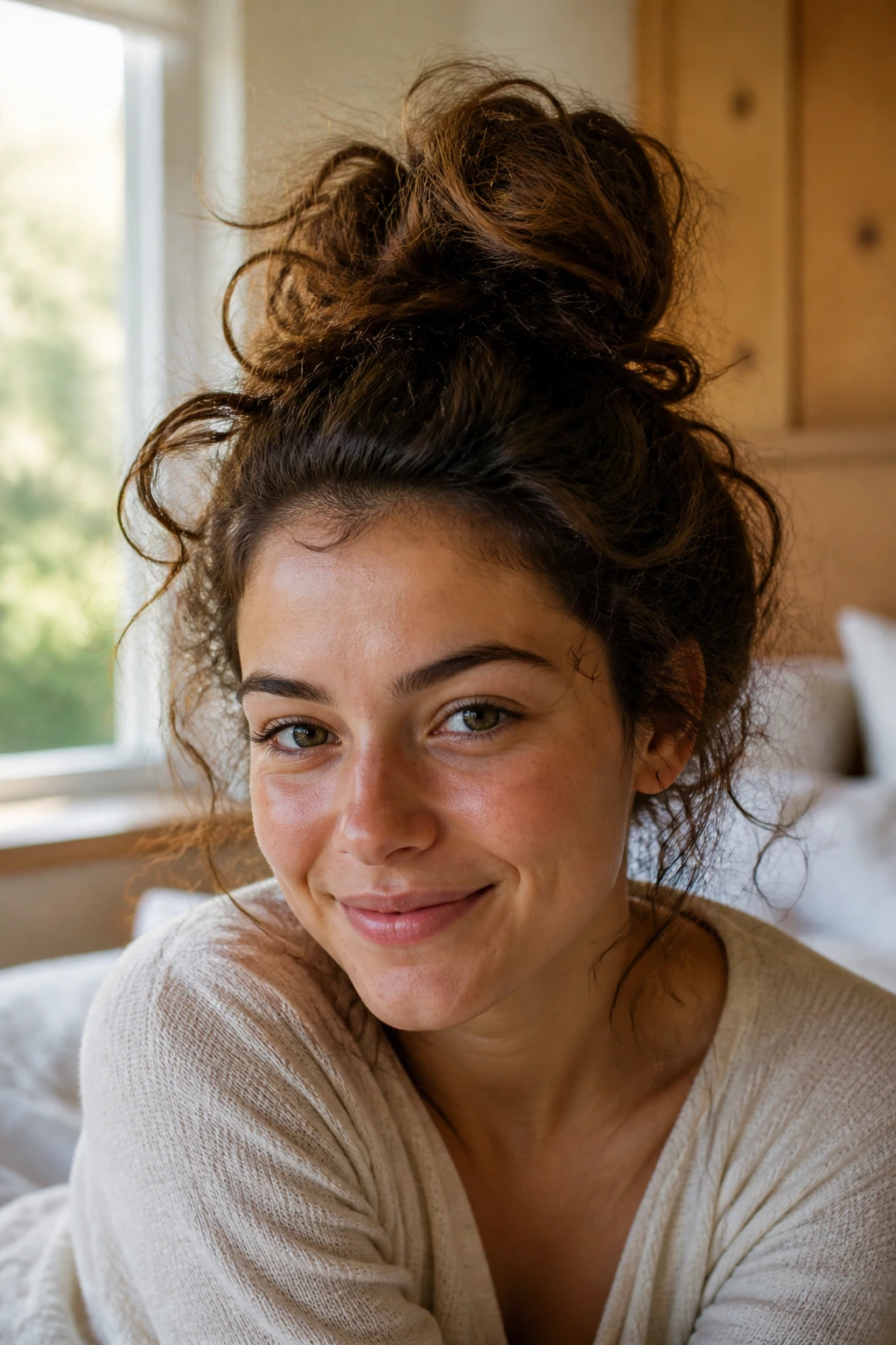 Close-up portrait of a real person with a bedhead bun showing frizz and sleep texture in a cozy bedroom.