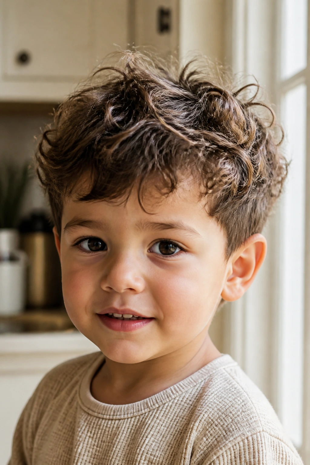 Toddler with bedhead crop curls looking relaxed in morning light.