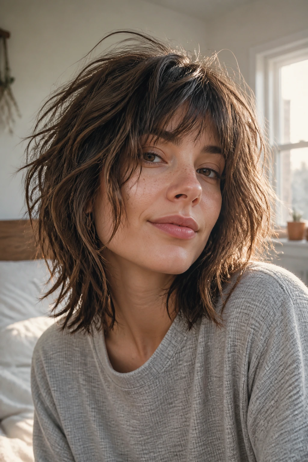 Close-up portrait of a real person with bedhead lob shag showcasing tousled top texture.