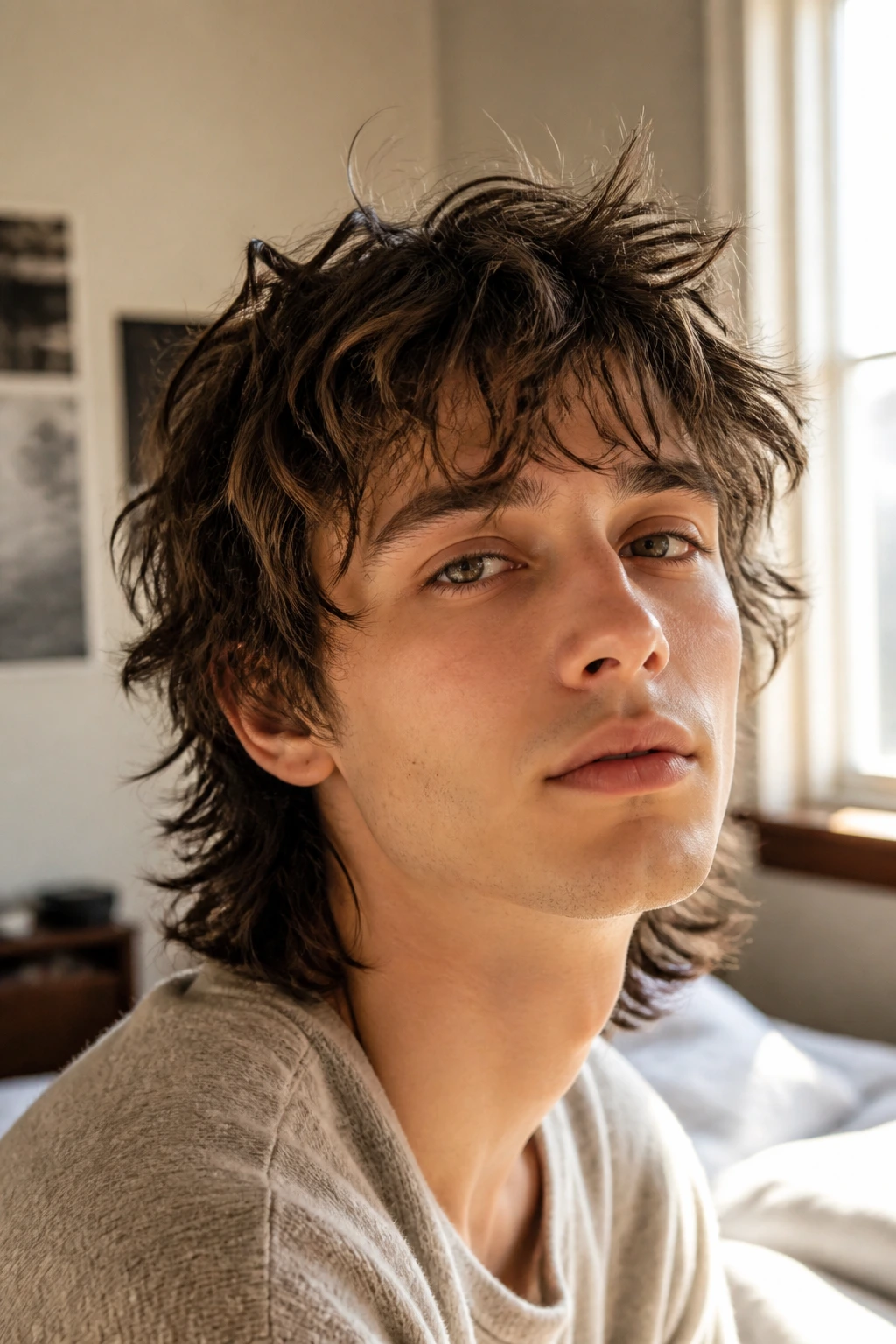 Close-up portrait of a real person with bedhead mullet in a cozy morning light.