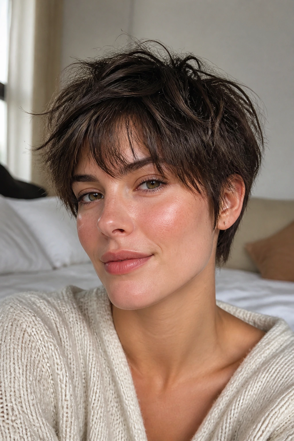 Portrait of a real woman with a bedhead texture pixie bob in a cozy morning-lit bedroom