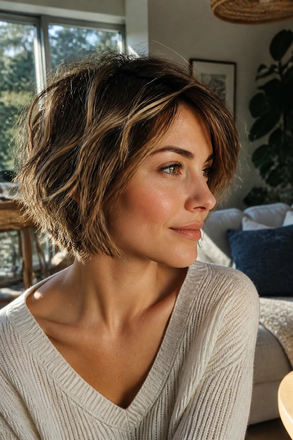 Close-up of real woman with bedhead pixie bob texture in a sunlit living room.