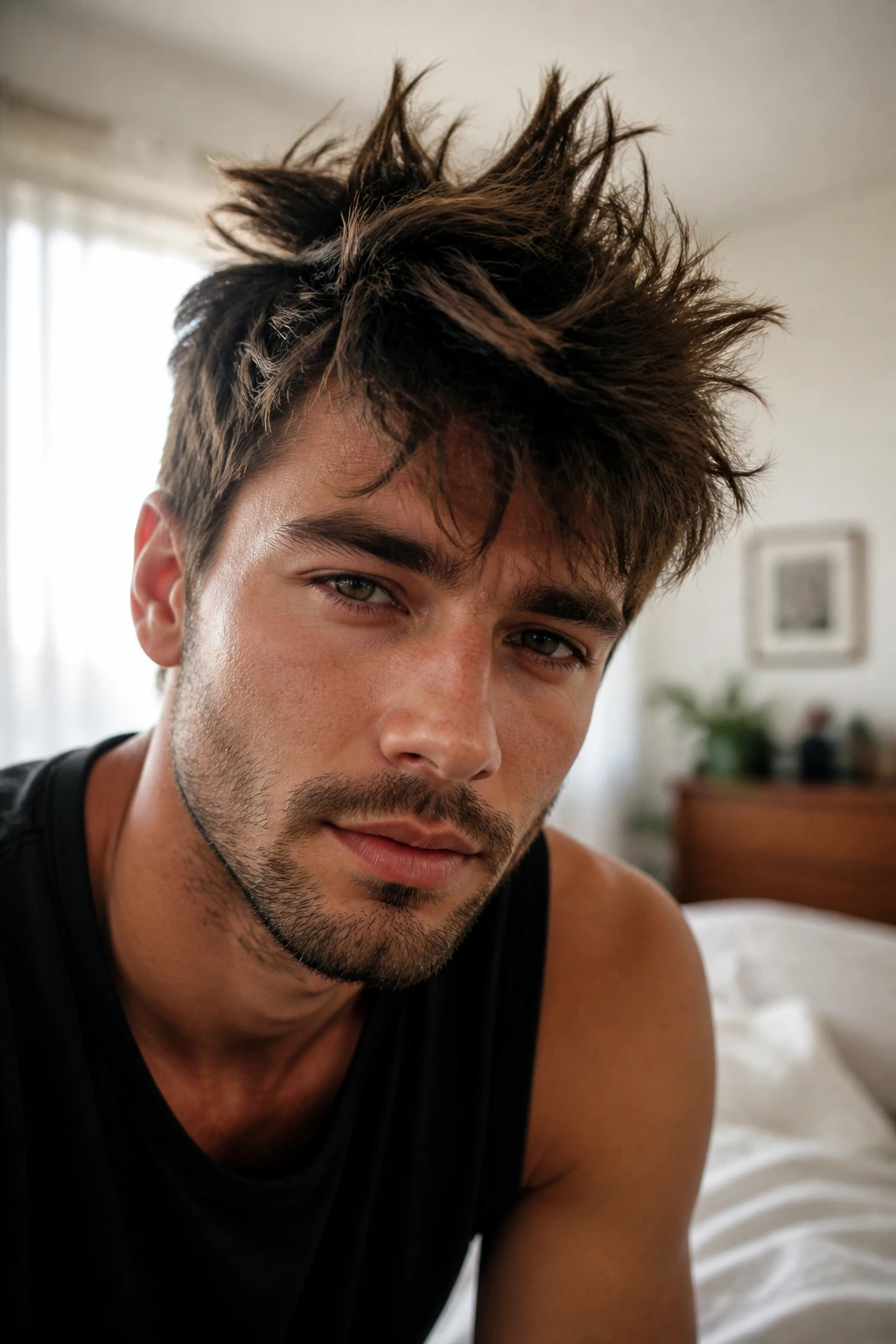 Man with messy bedhead spikes in bedroom setting