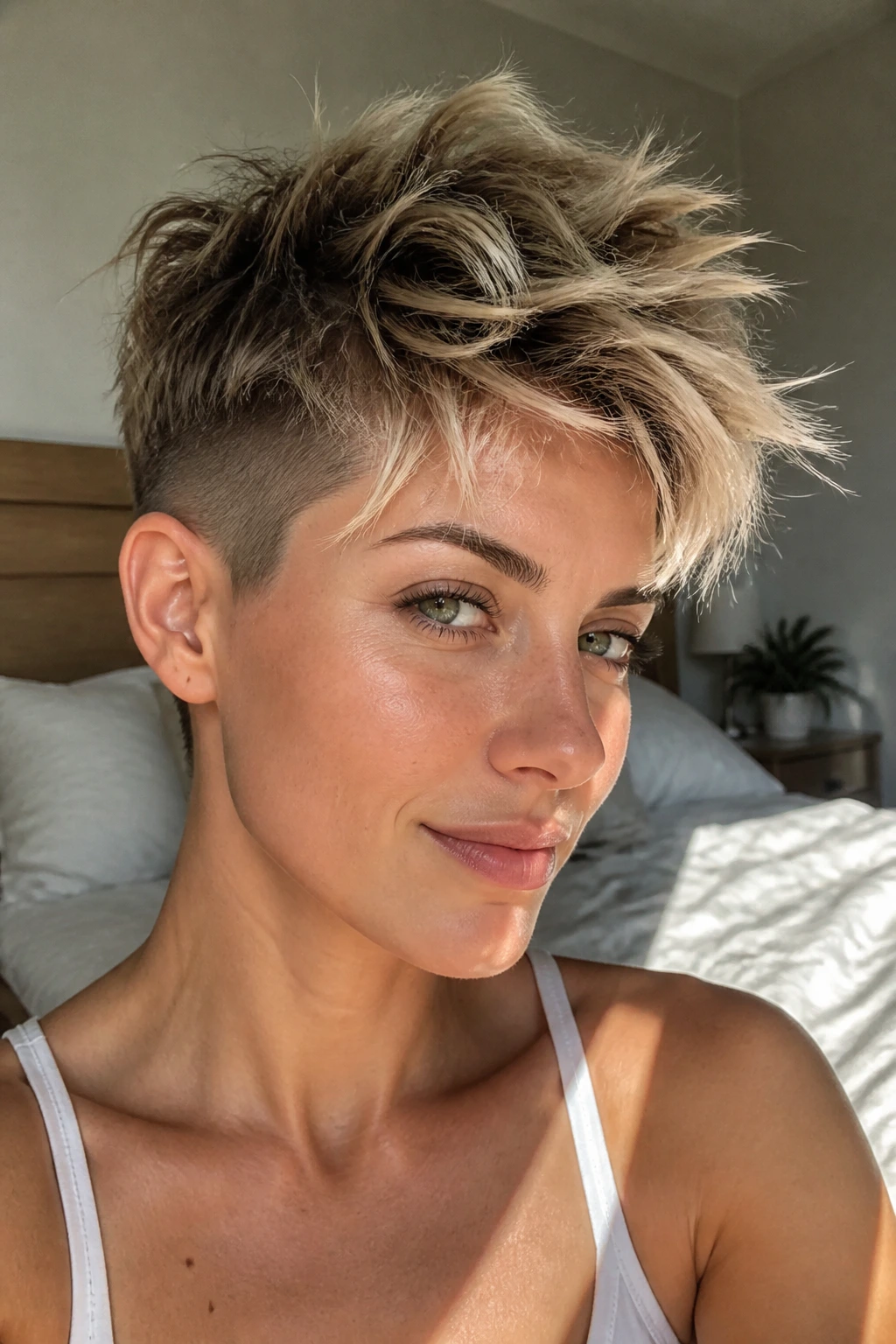 Close-up portrait of a real person with tousled bedhead undercut pixie