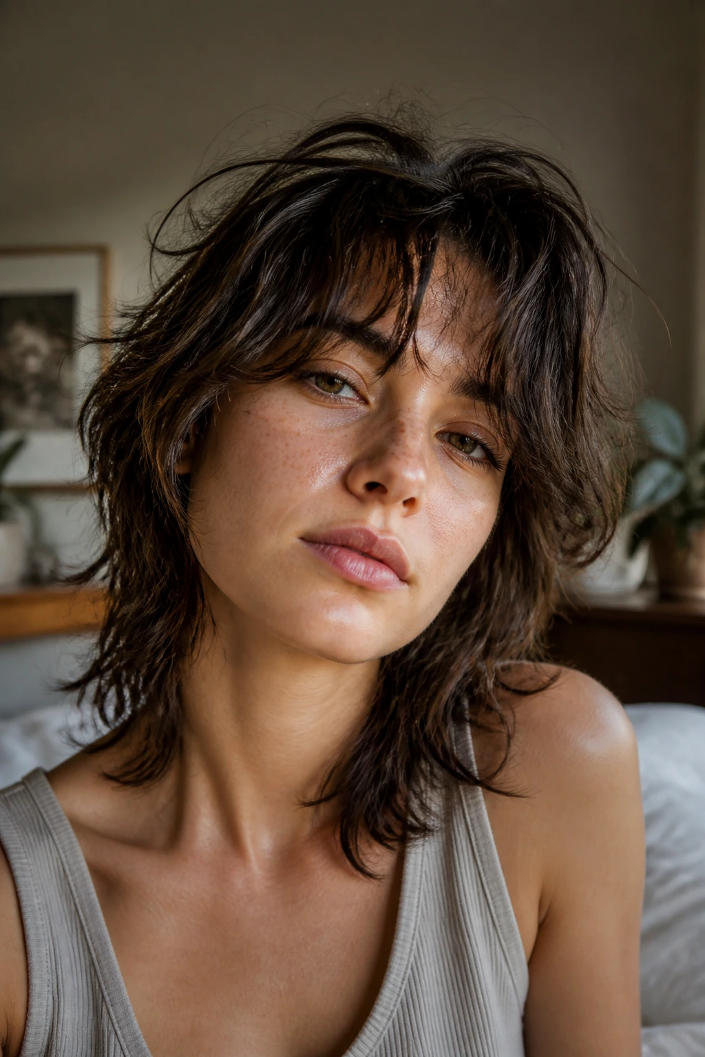 Close-up of a real person with messy bedhead wolf cut and textured ends