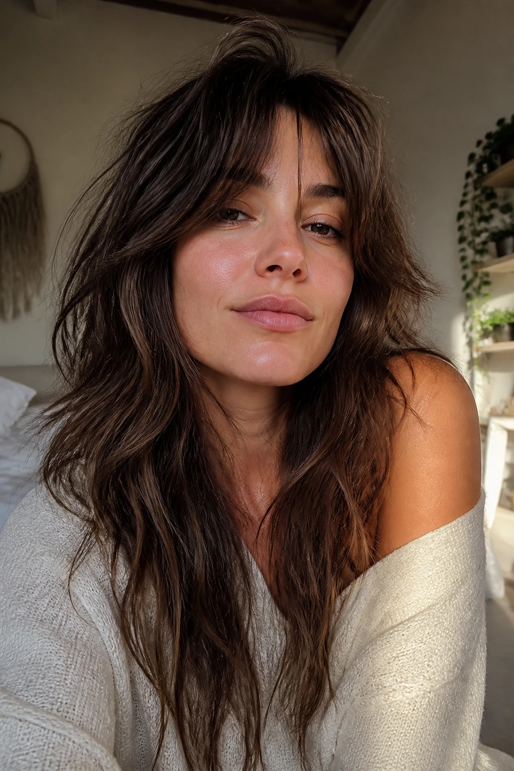 Close-up portrait of a real woman with Bedhead Wolf Shag in a cozy bedroom