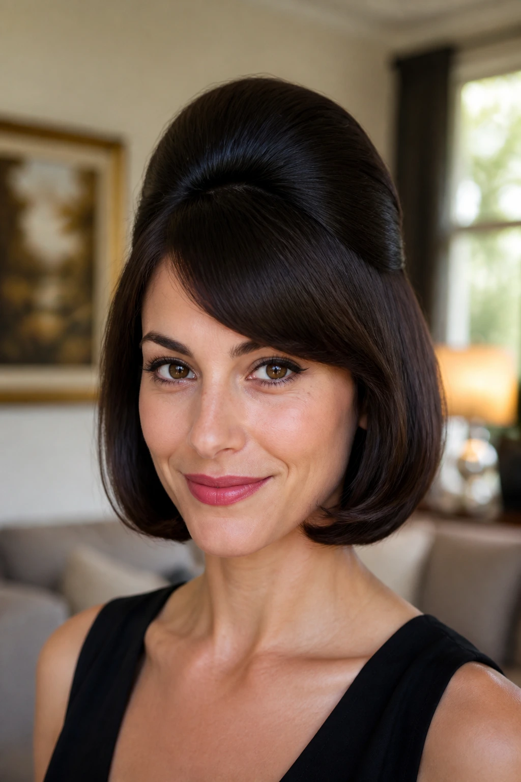 Portrait of a woman with a beehive silhouette variation on short hair (bob).