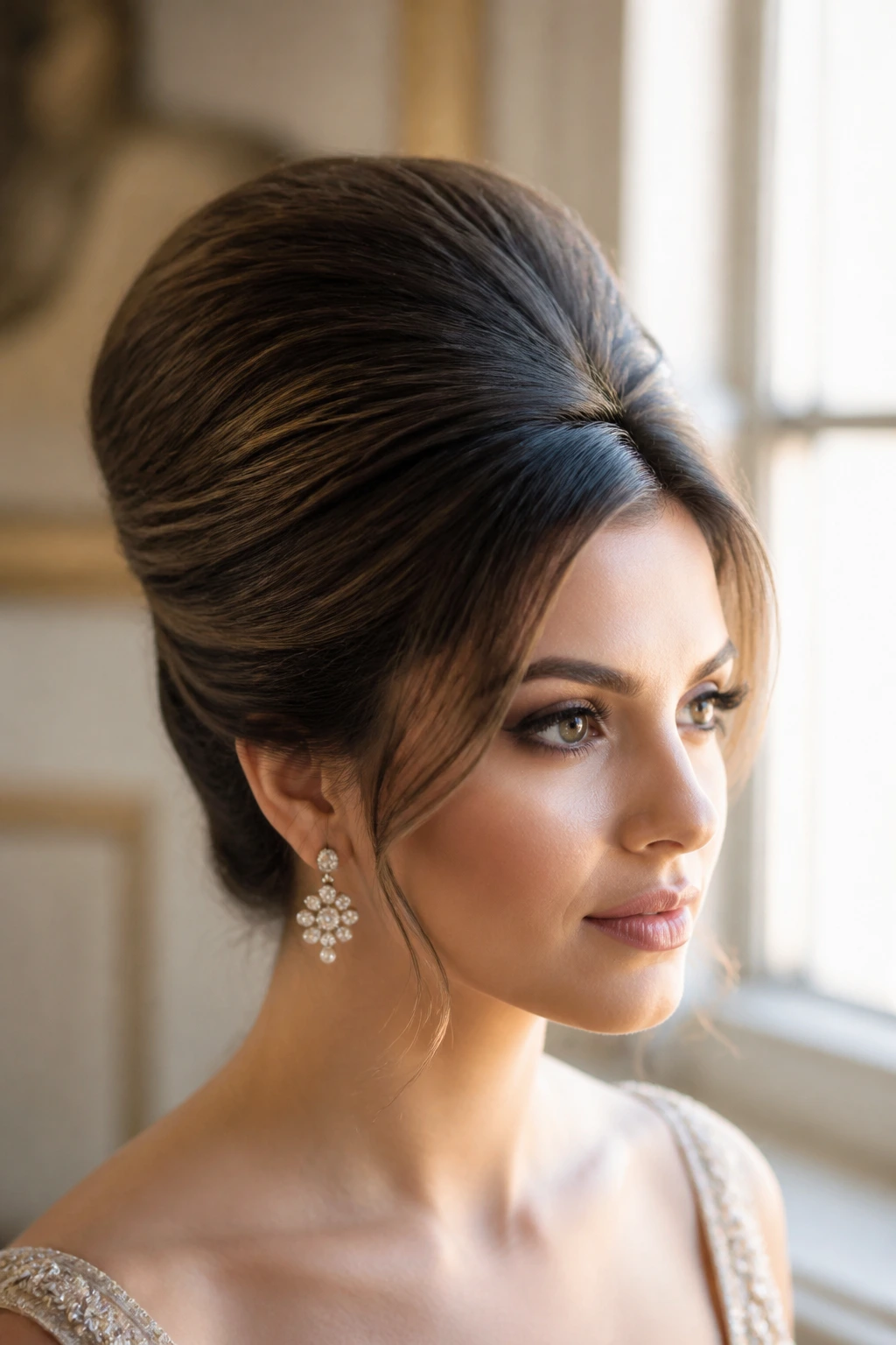 Portrait of a woman with a modern beehive bouffant
