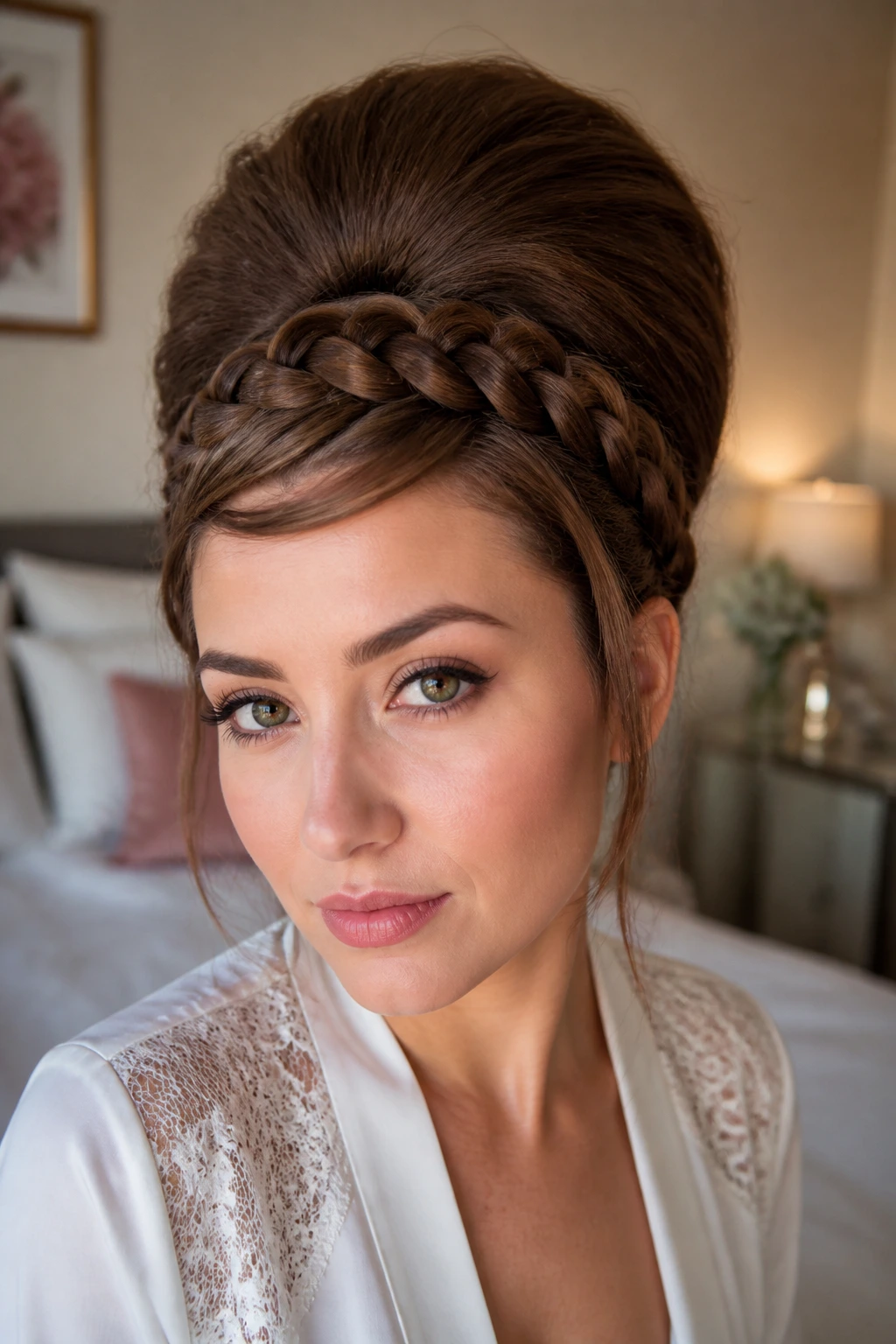 Close-up portrait of a woman with a beehive and braided bangs
