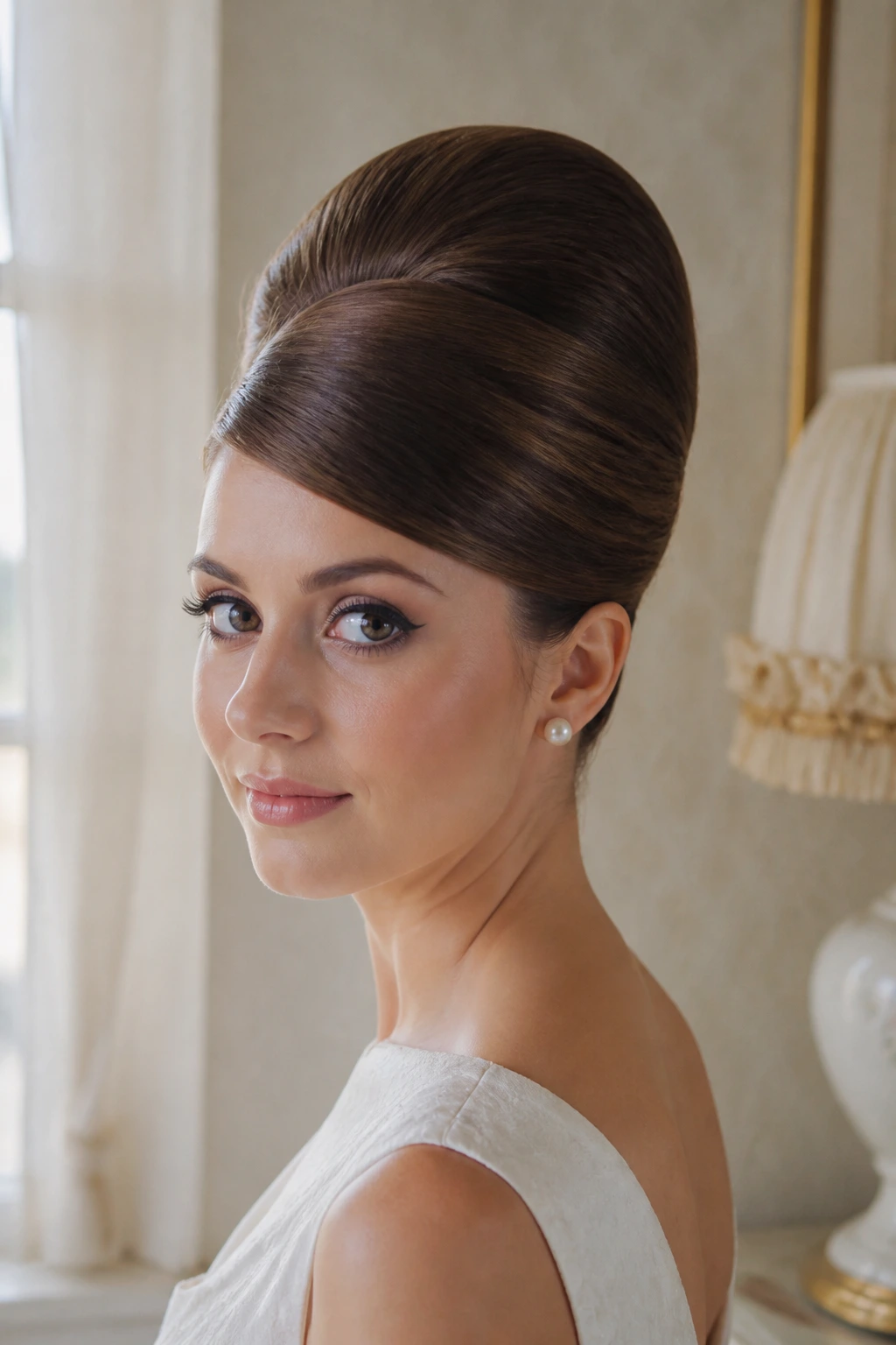 Portrait of a real woman with a Beehive Bun and smooth sides in a retro-inspired room