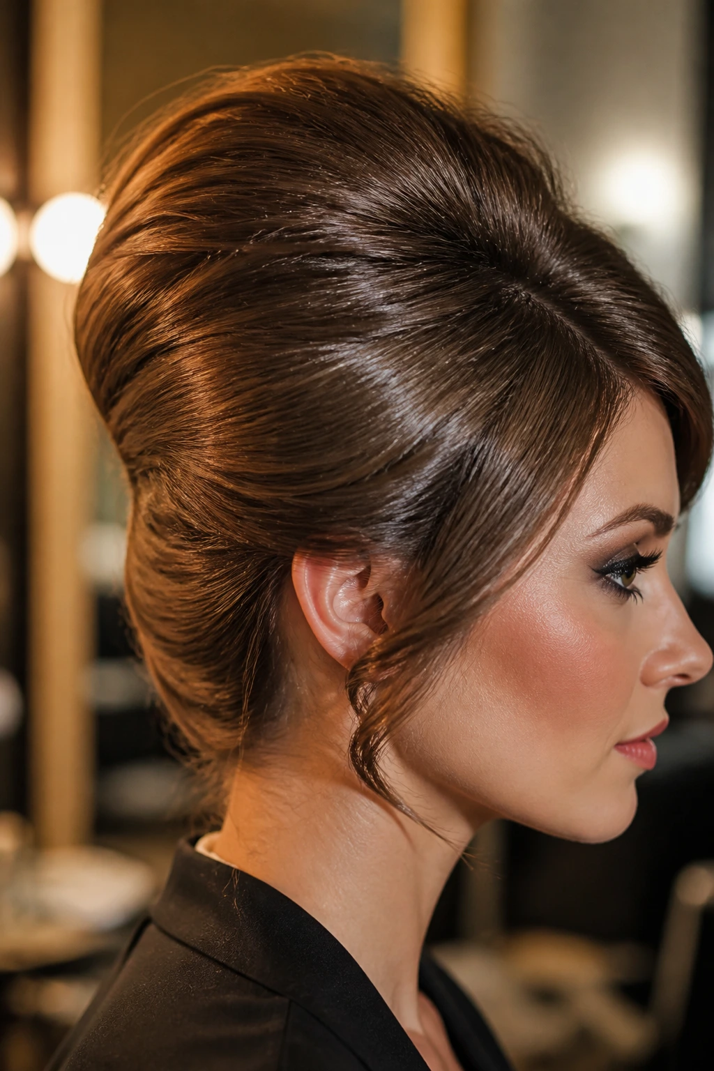 Side-profile view of a beehive crown with pronounced lift and shine on a real person.