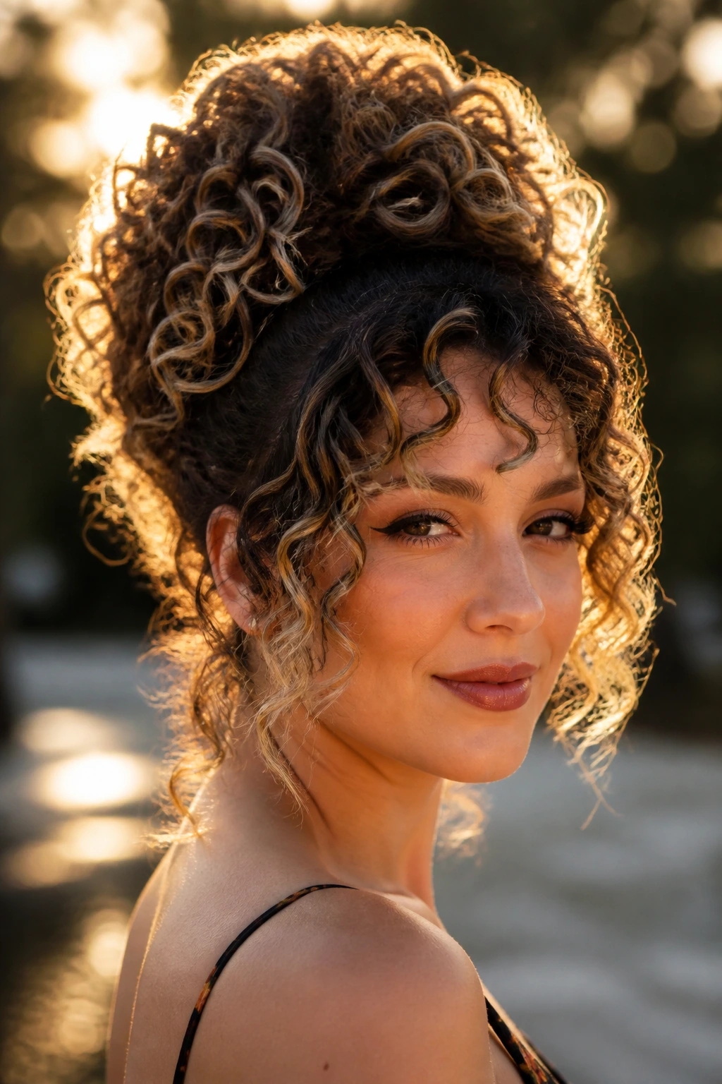 Close-up of beehive curls with blonde ends on a real person in warm, soft light