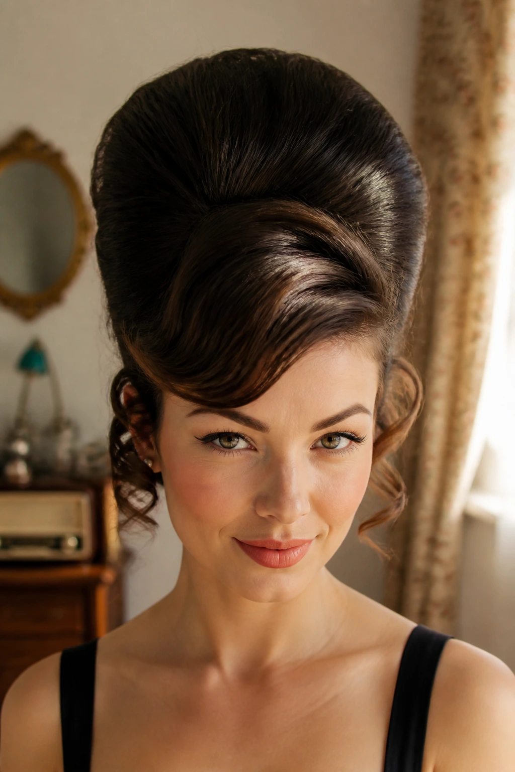Close-up of a real woman with an old-school beehive and curly ends hairstyle