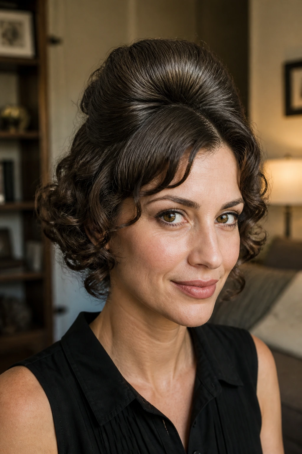 Close-up of a real woman with a mini beehive and curly ends hairstyle
