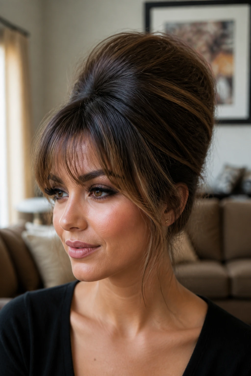 Portrait of a woman with feathered fringe beehive hairstyle