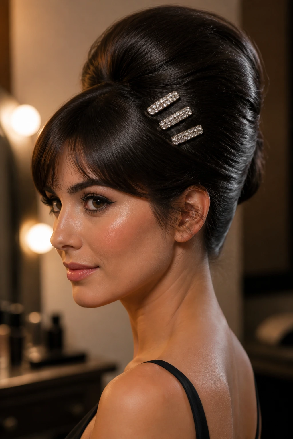 Portrait of a woman with beehive and glitter clips in hair