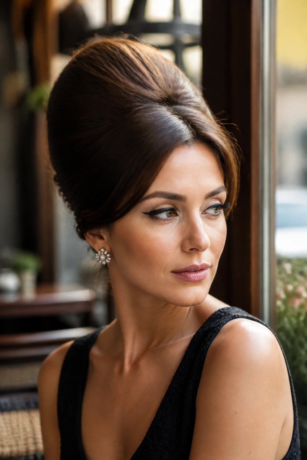 Portrait of a woman with a tall beehive hairstyle in a warm cafe window light.
