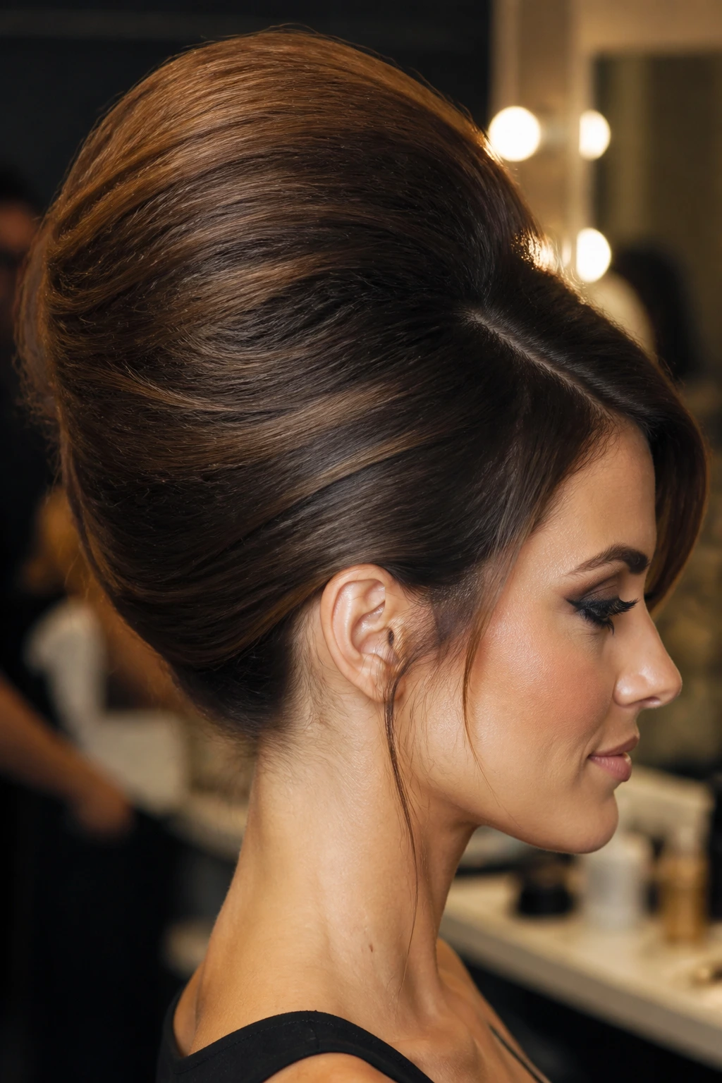 Profile view of a woman with a beehive showing internal lift and smooth outer shell