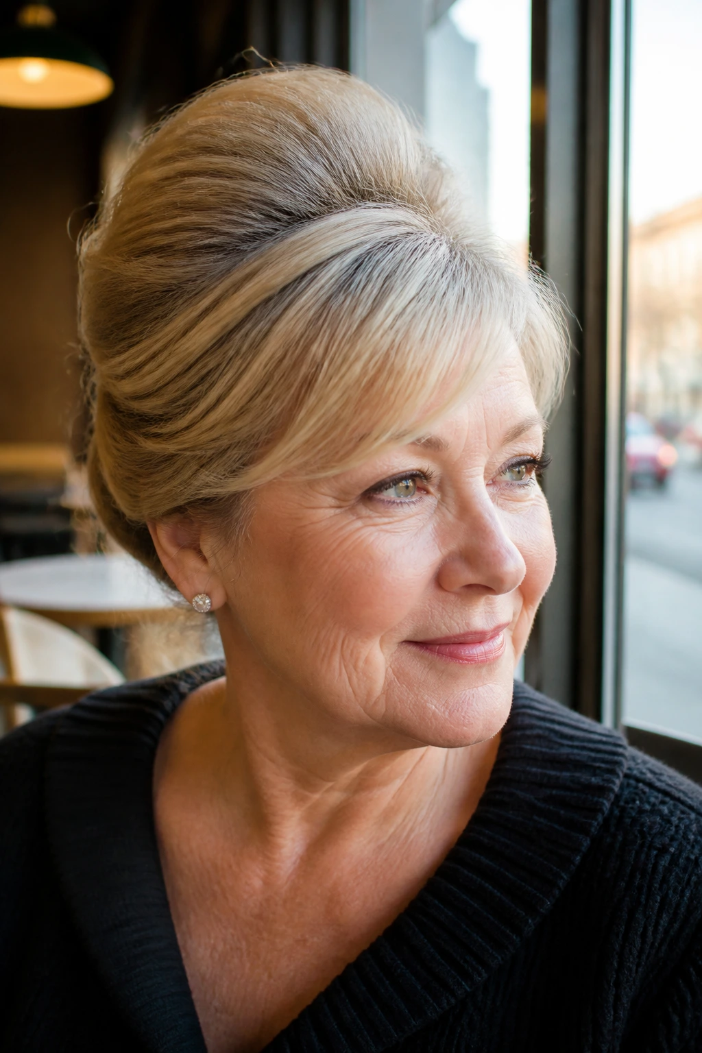 Real woman with side-swept beehive lite in a warm cafe setting.