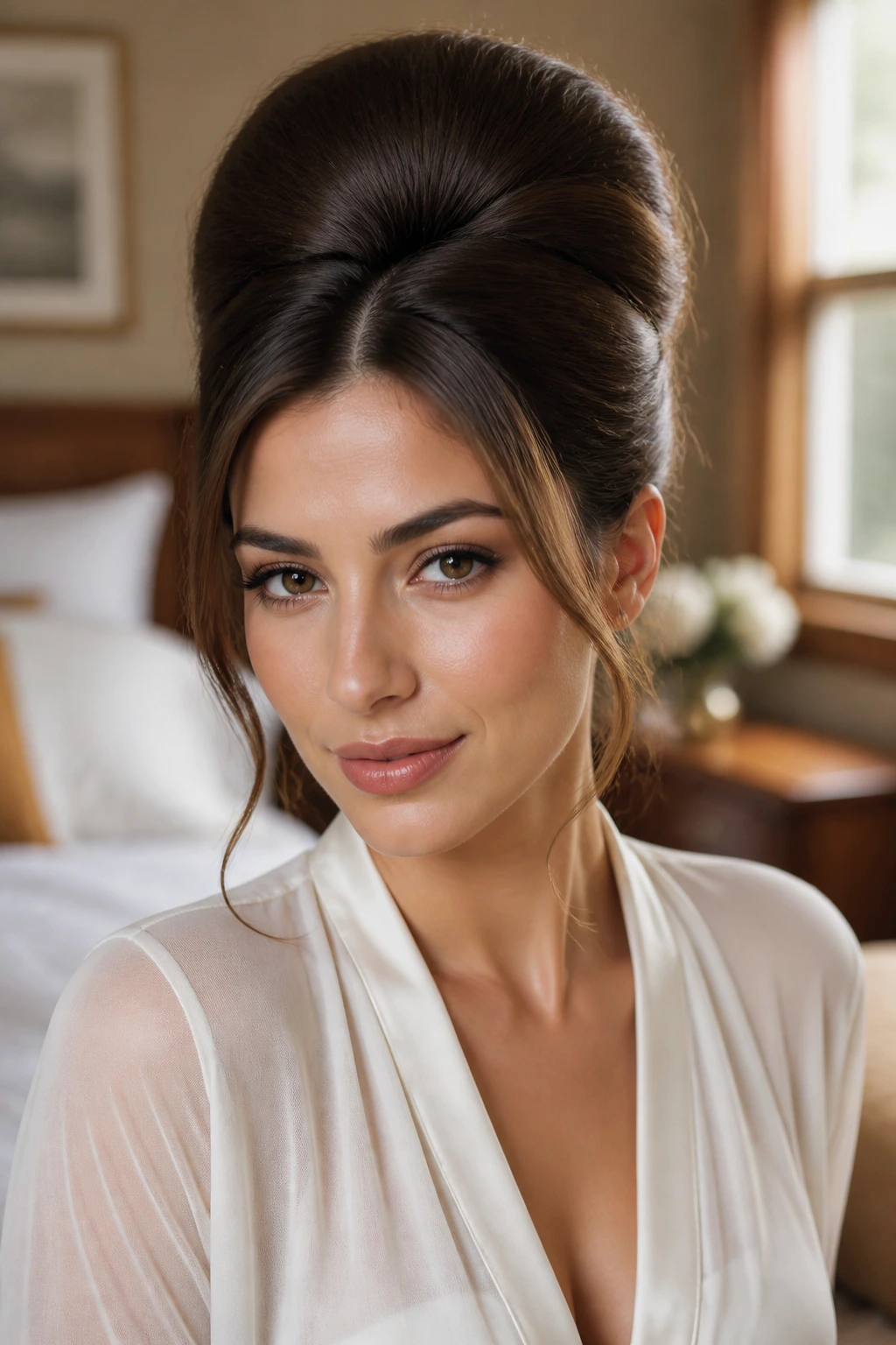 Close-up portrait of a real woman with a beehive hairstyle and crown lift in a cozy bedroom setting