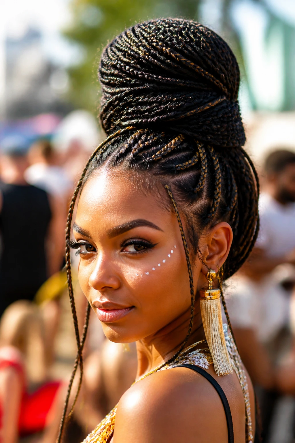 Portrait of a woman with festival beehive and micro braids