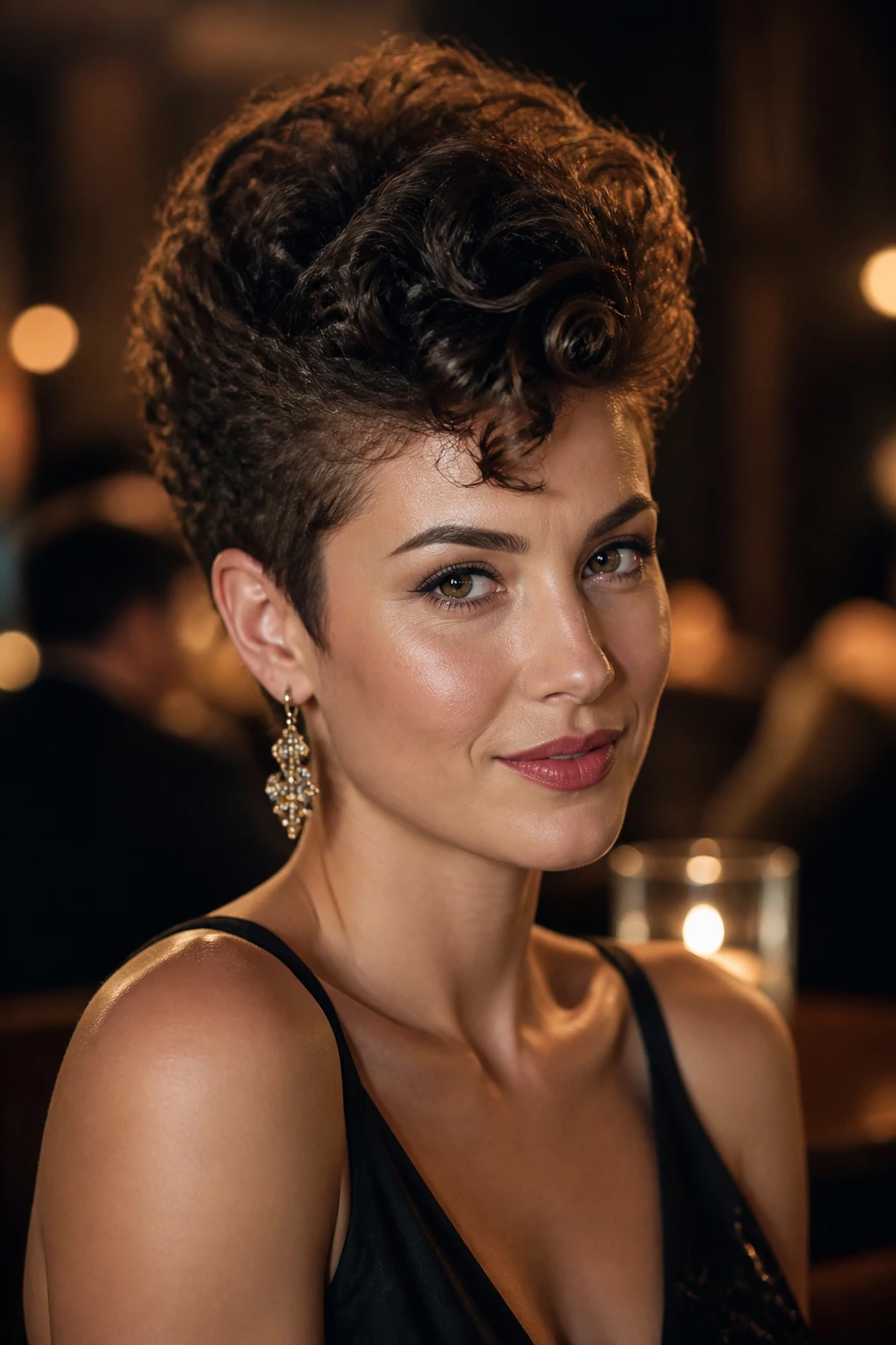 Real woman with Beehive-Lift Pixie, crown-height lift in a chic interior