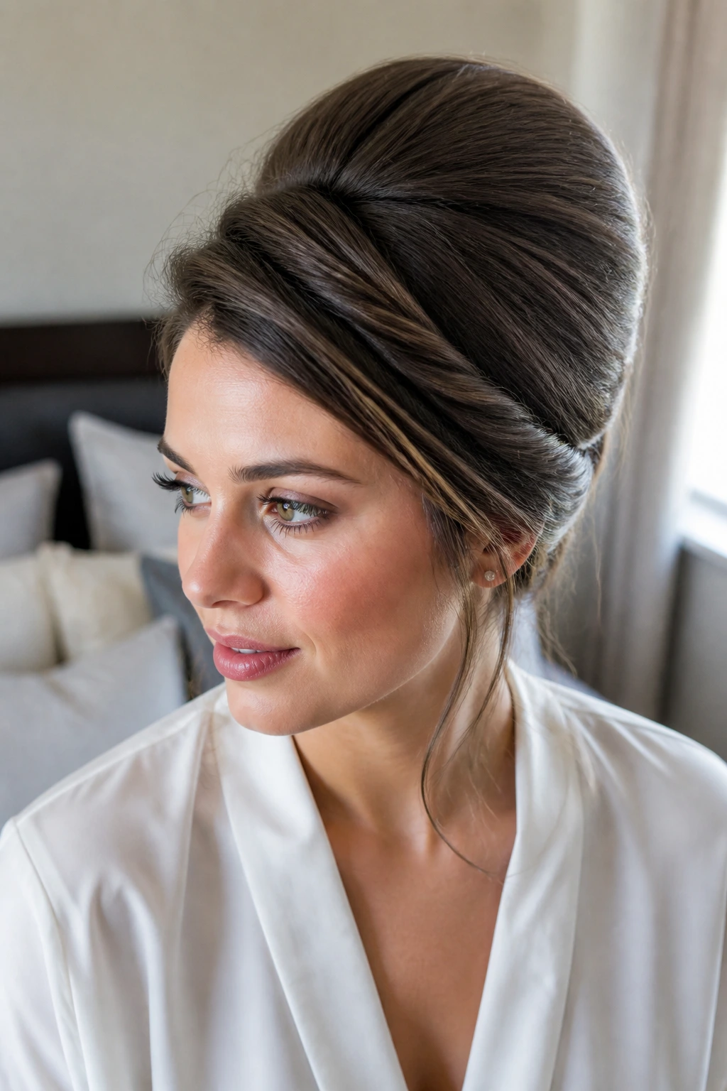 Close-up portrait of a woman with Twisted Side Beehive hairstyle under natural window light